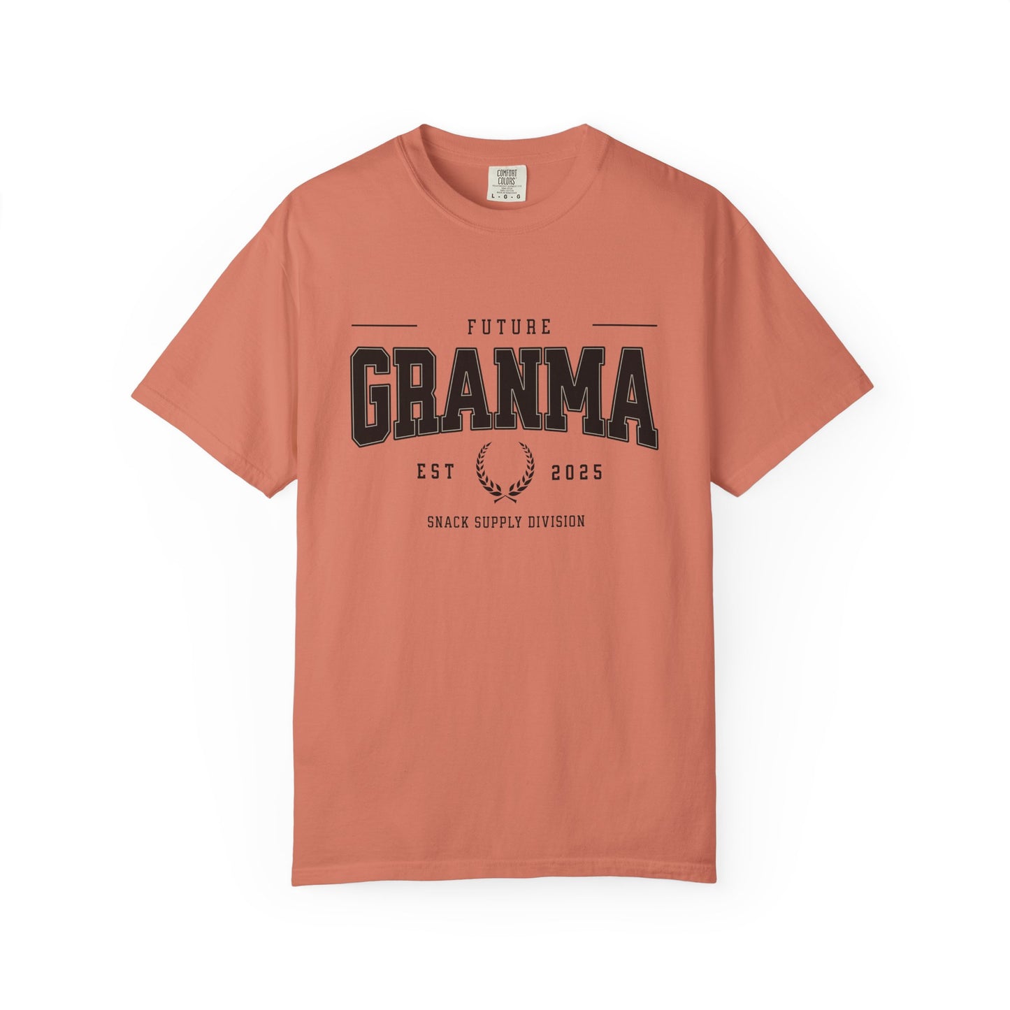 Coral t-shirt with 'Future Granma' text on a white background