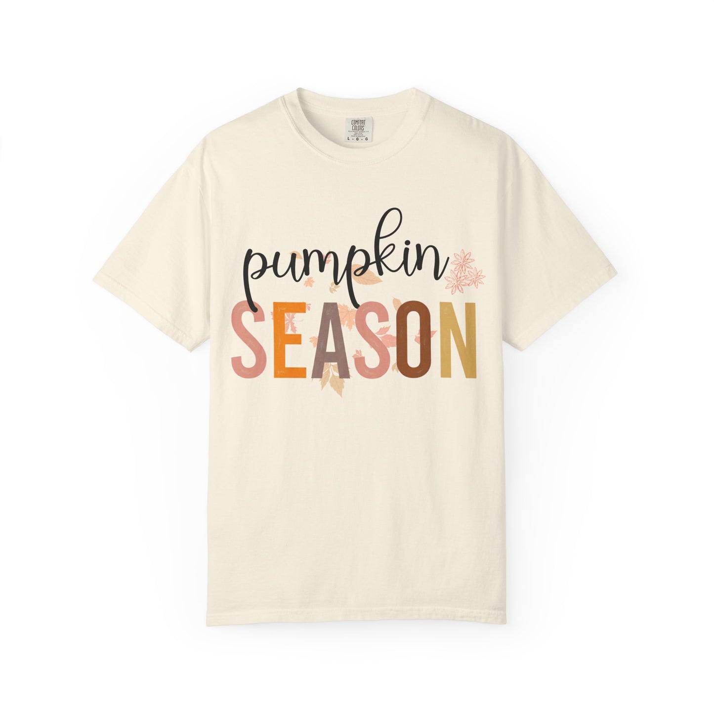 Beige t-shirt with 'pumpkin season' text on a white background