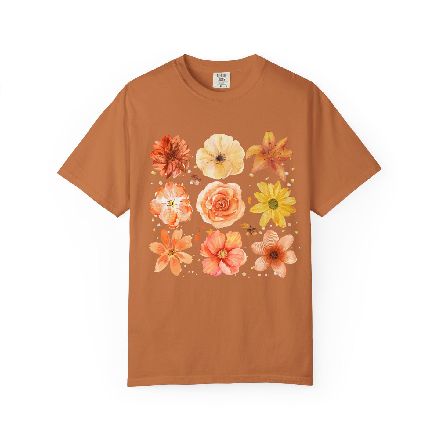 Brown t-shirt with floral design on a white background