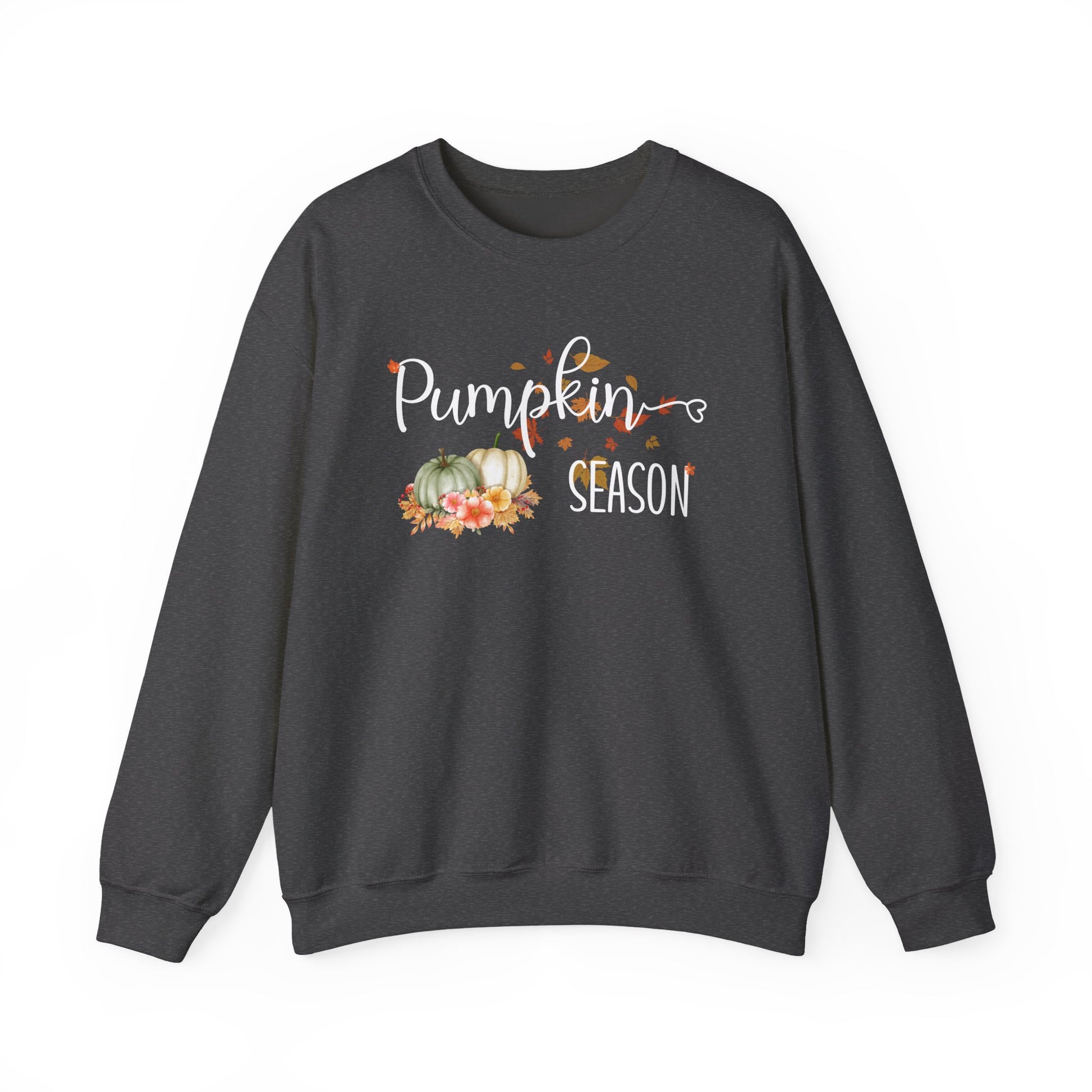 Dark gray sweatshirt with 'Pumpkin Season' text and pumpkin graphics on a white background