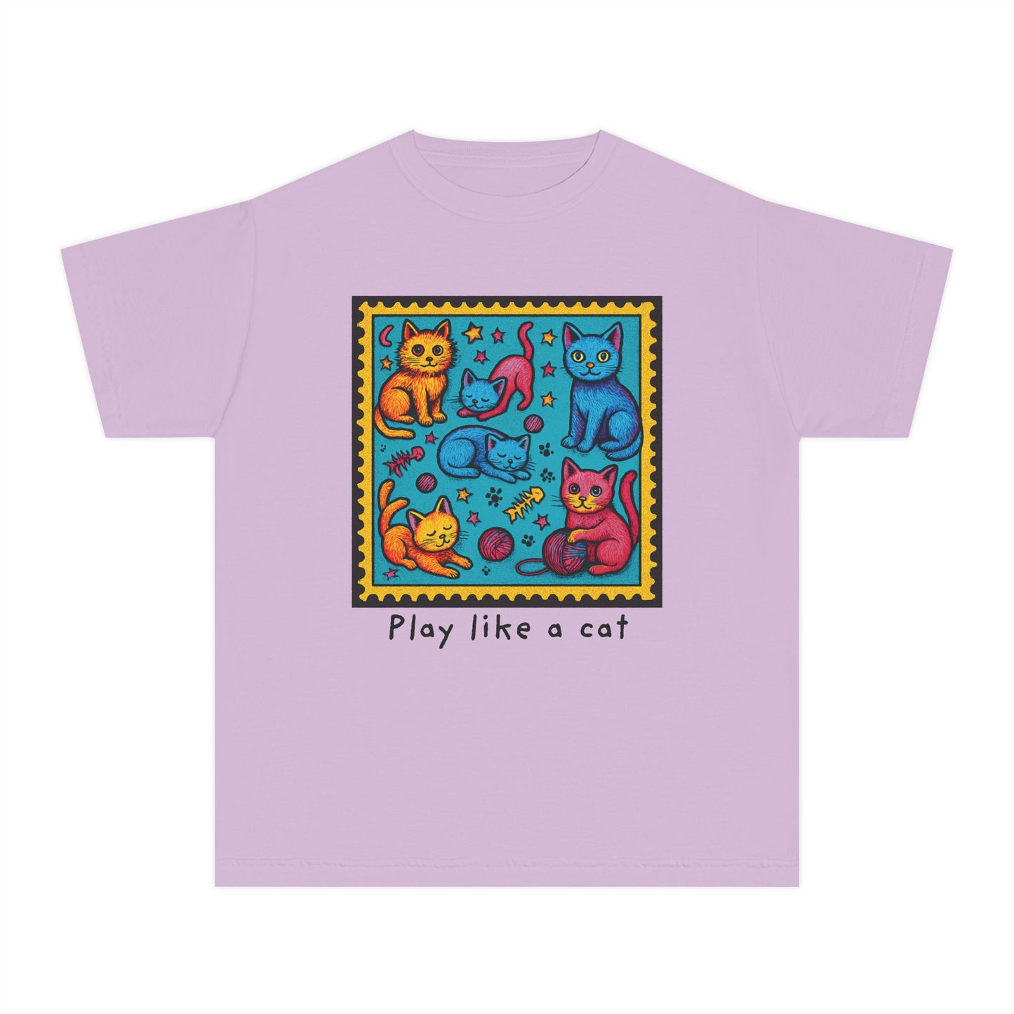 Play Like A Cat Pop Art Style Youth Tee, Comfort Colors T-Shirt for Kids, Cat Lover Gift, Graphic Print Shirt, Kitty Theme Clothing