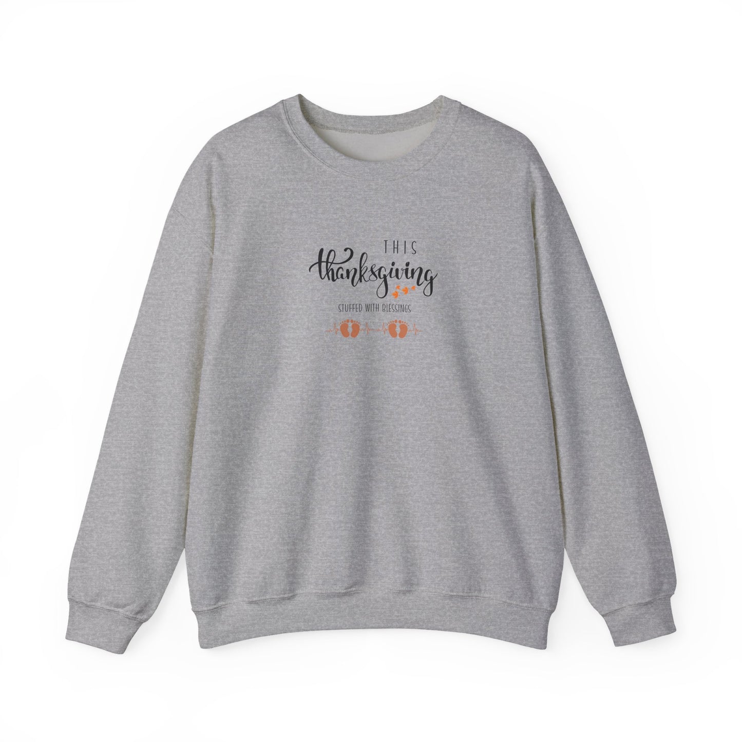 Gray sweatshirt with Thanksgiving text and pilgrim graphics on a white background