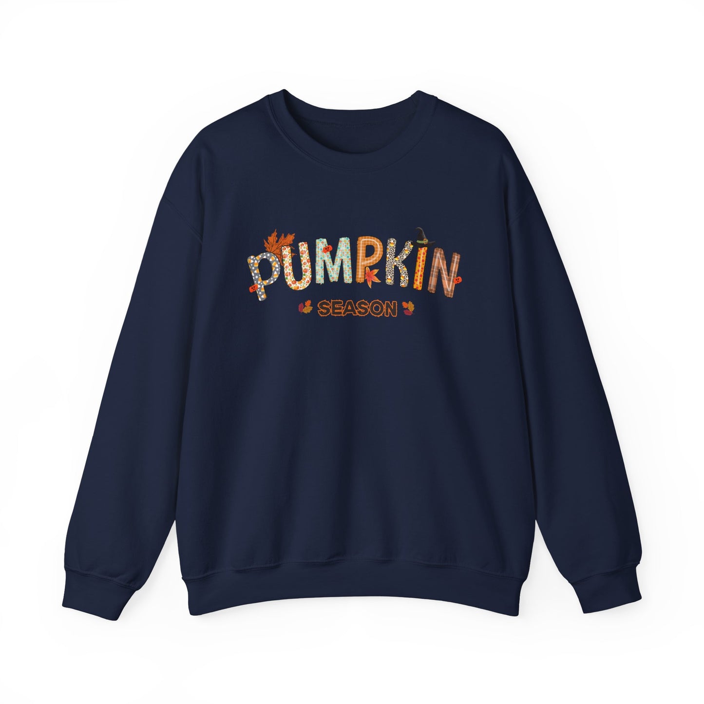 Navy blue sweatshirt with 'Pumpkin Season' text in multicolor on a white background