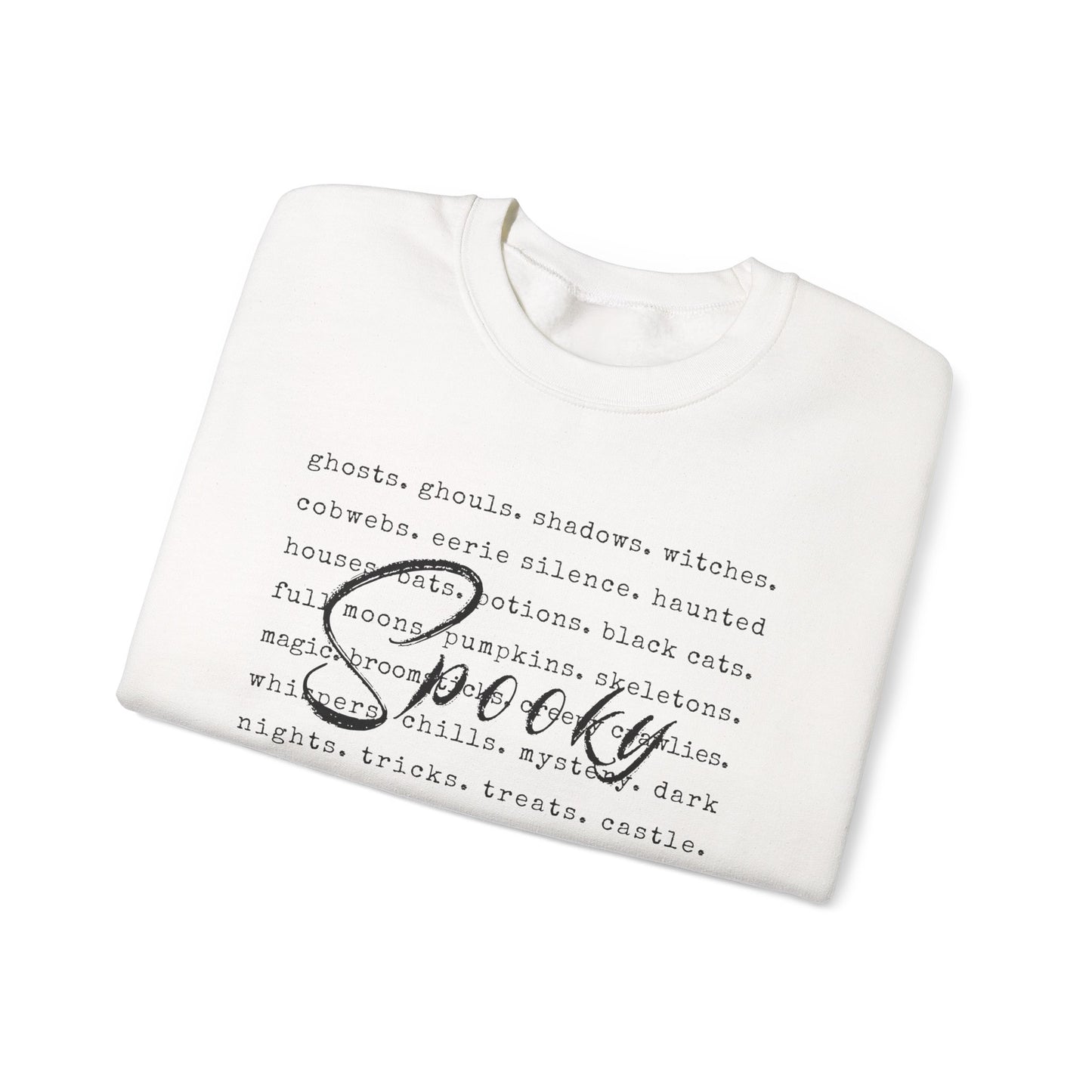 White sweatshirt with Halloween-themed text and 'Spooky' printed on it, folded on a white background.