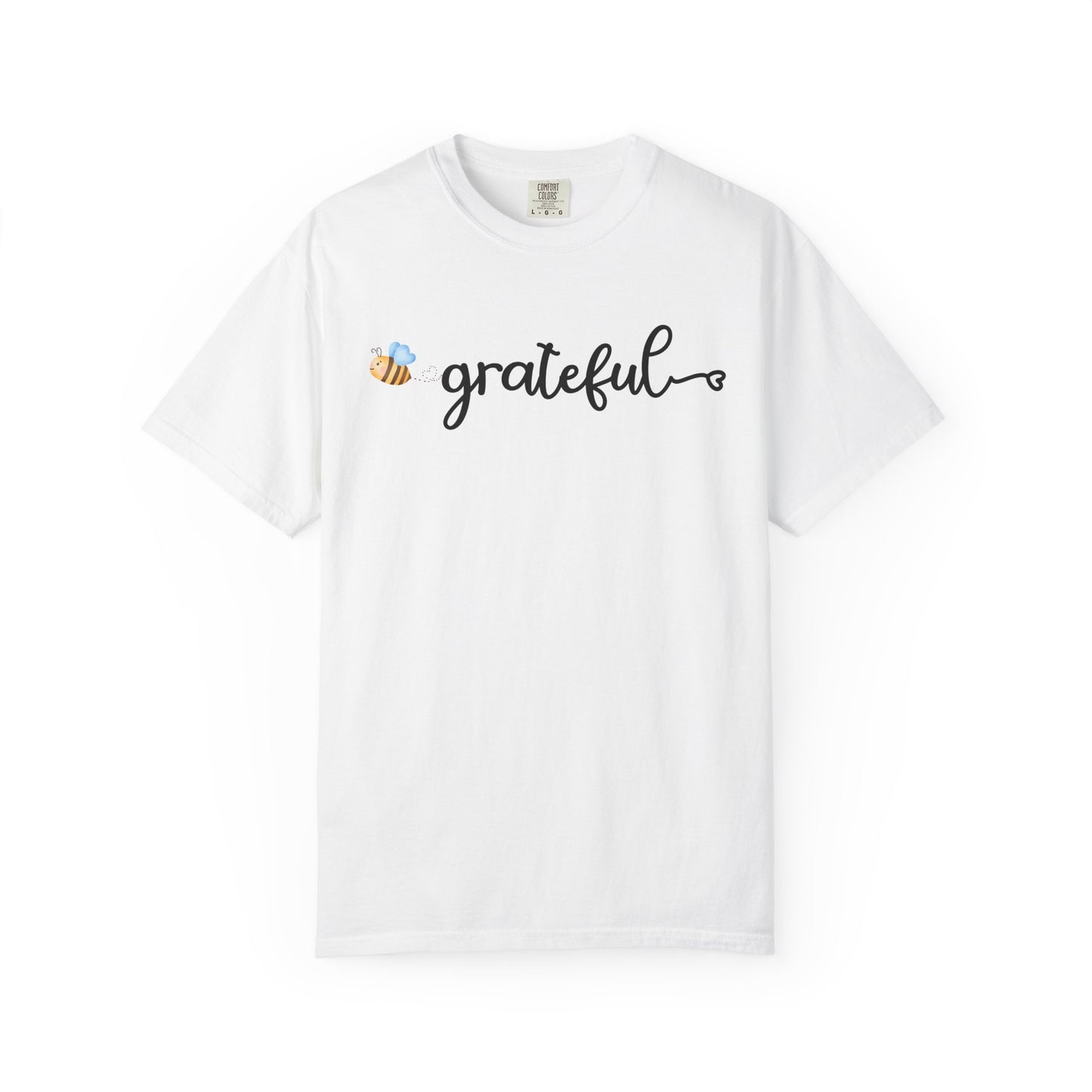 White t-shirt with 'grateful' text and bee design on a white background