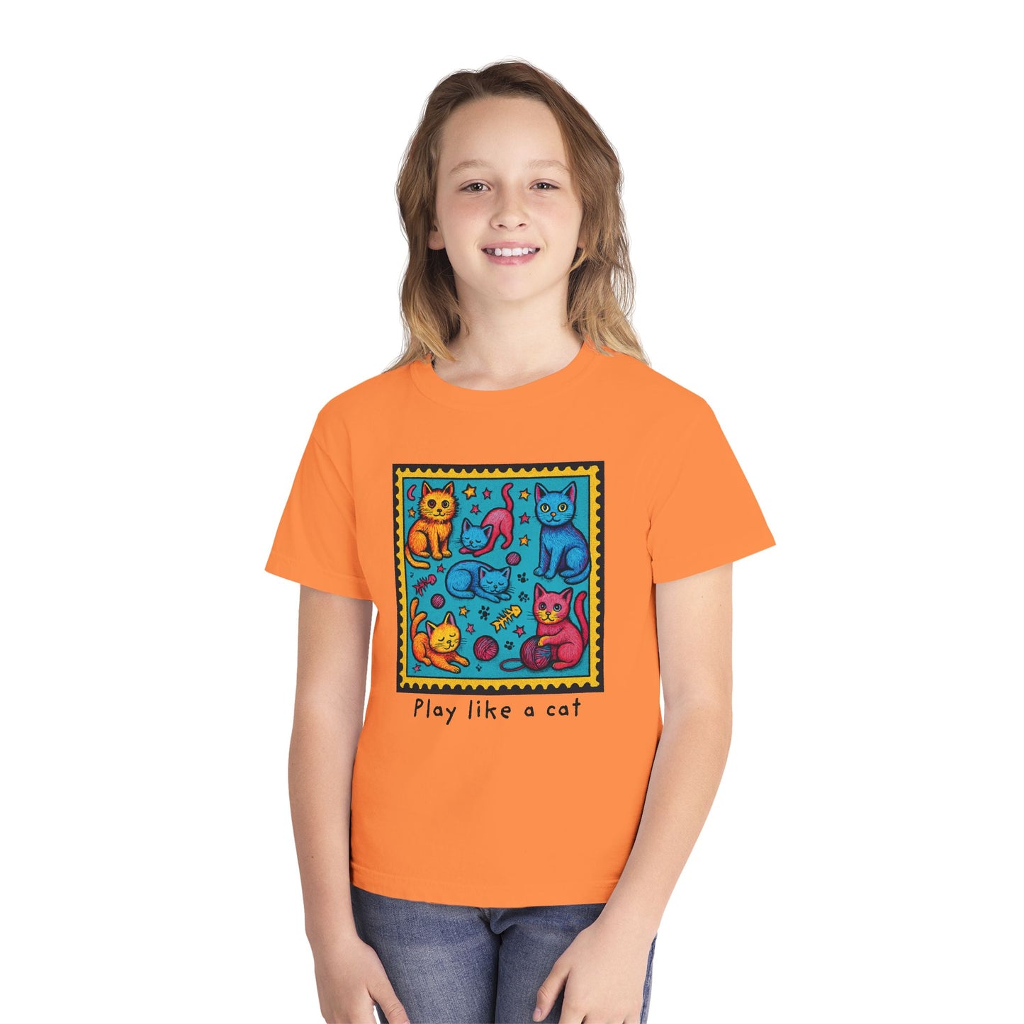 Play Like A Cat Pop Art Style Youth Tee, Comfort Colors T-Shirt for Kids, Cat Lover Gift, Graphic Print Shirt, Kitty Theme Clothing