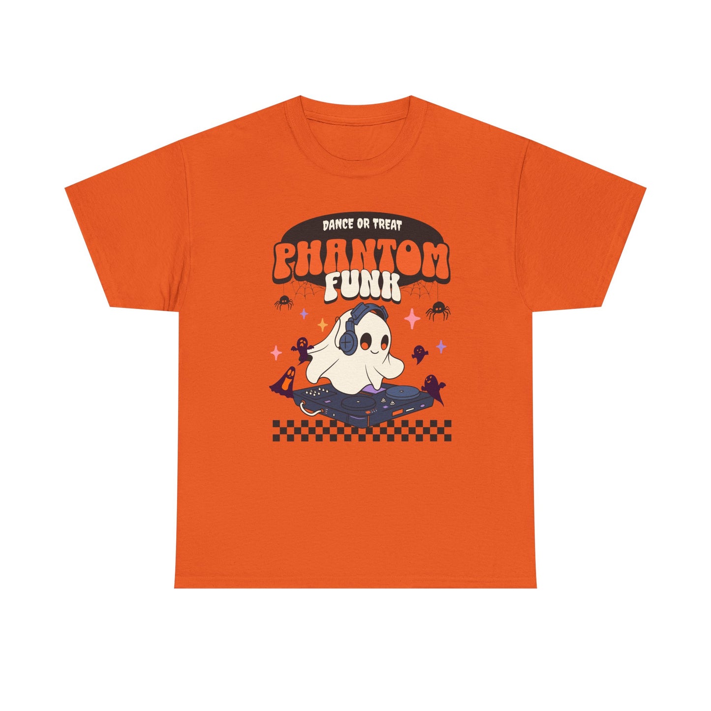 Orange t-shirt with a ghost graphic and 'Phantom Funk' text on a white background