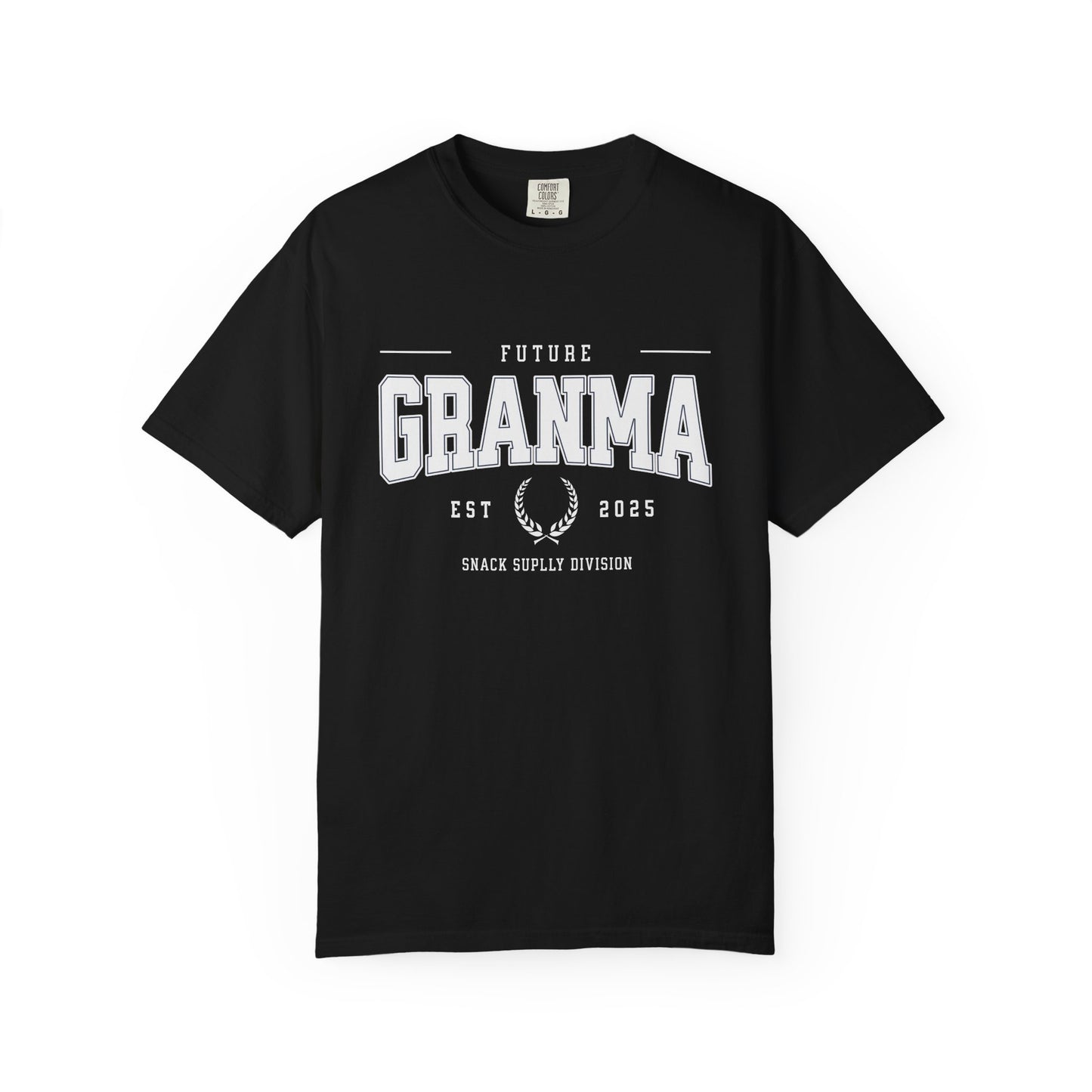 Black t-shirt with 'Future Granma' text on a white background