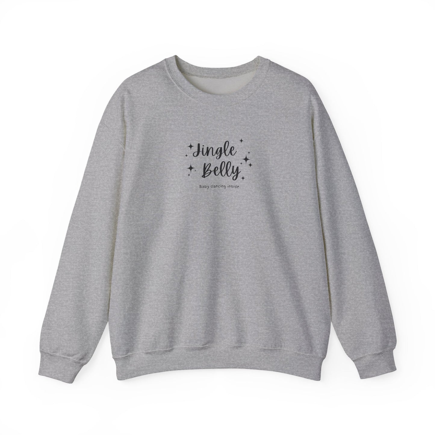 Gray sweatshirt with 'Jingle Belly' text on a white background