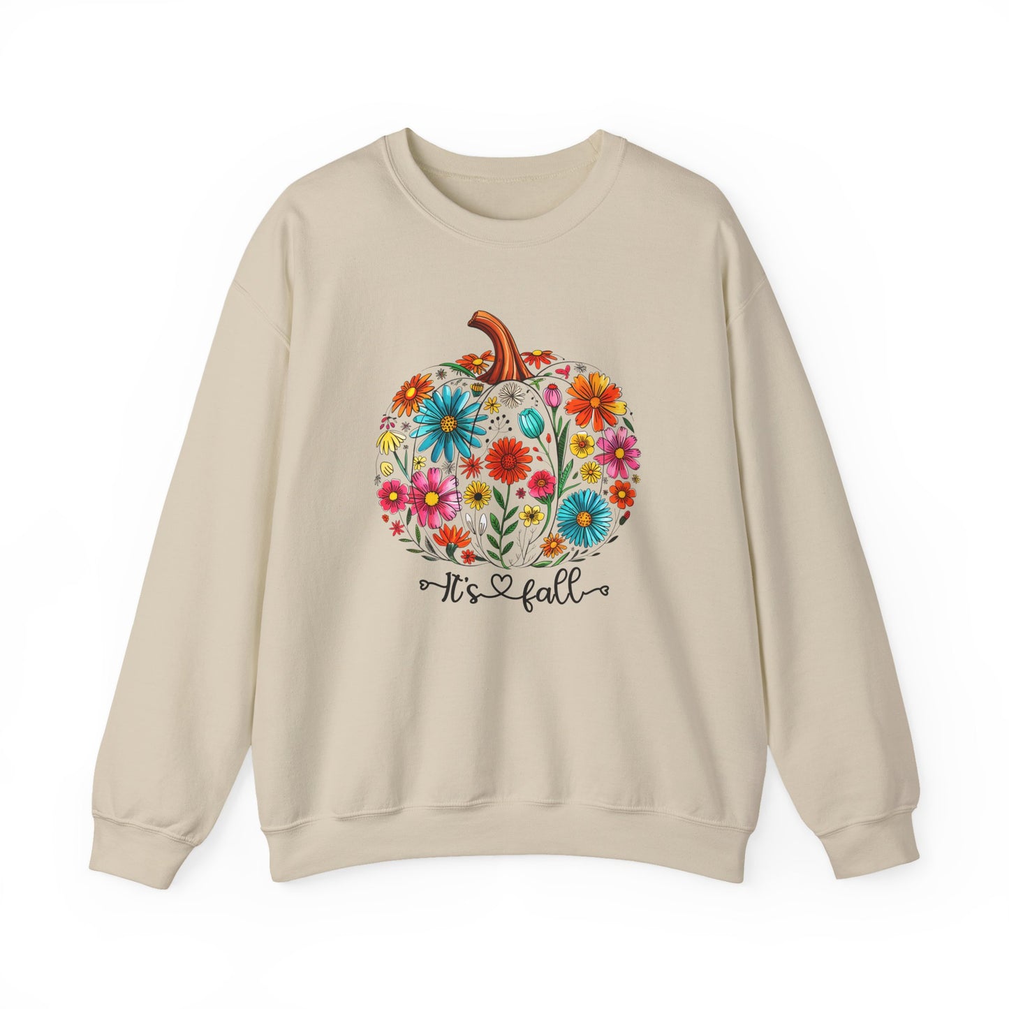 Beige sweatshirt with a floral pumpkin design and 'It's Fall' text on a white background