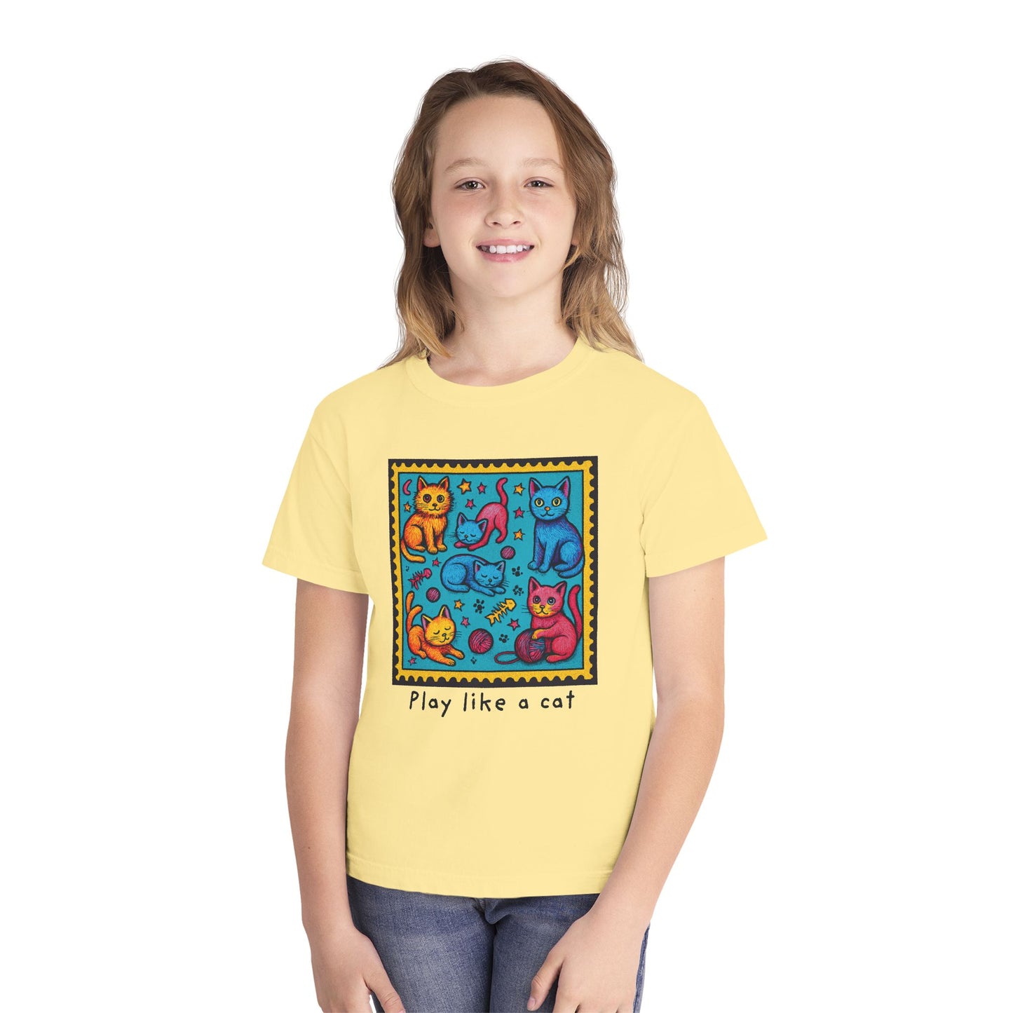 Play Like A Cat Pop Art Style Youth Tee, Comfort Colors T-Shirt for Kids, Cat Lover Gift, Graphic Print Shirt, Kitty Theme Clothing