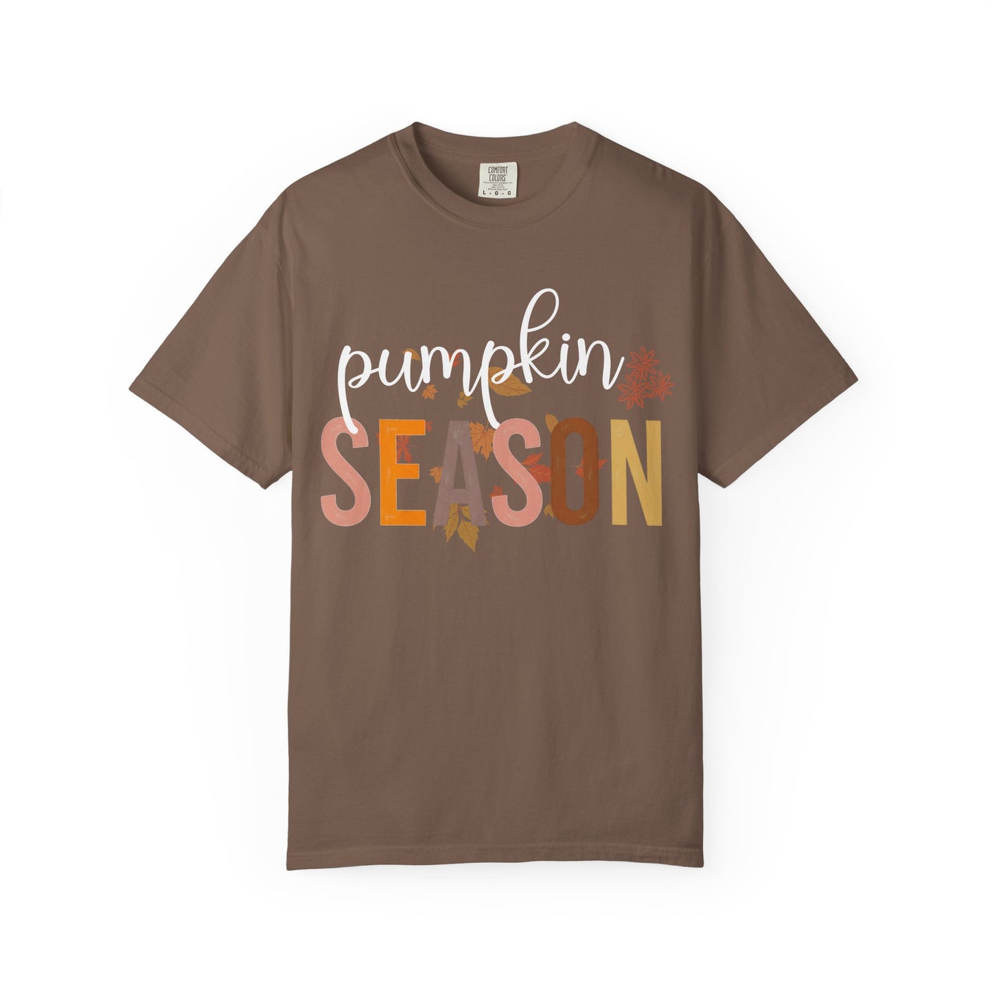 Brown t-shirt with 'pumpkin SEASON' text and leaf graphics on a white background