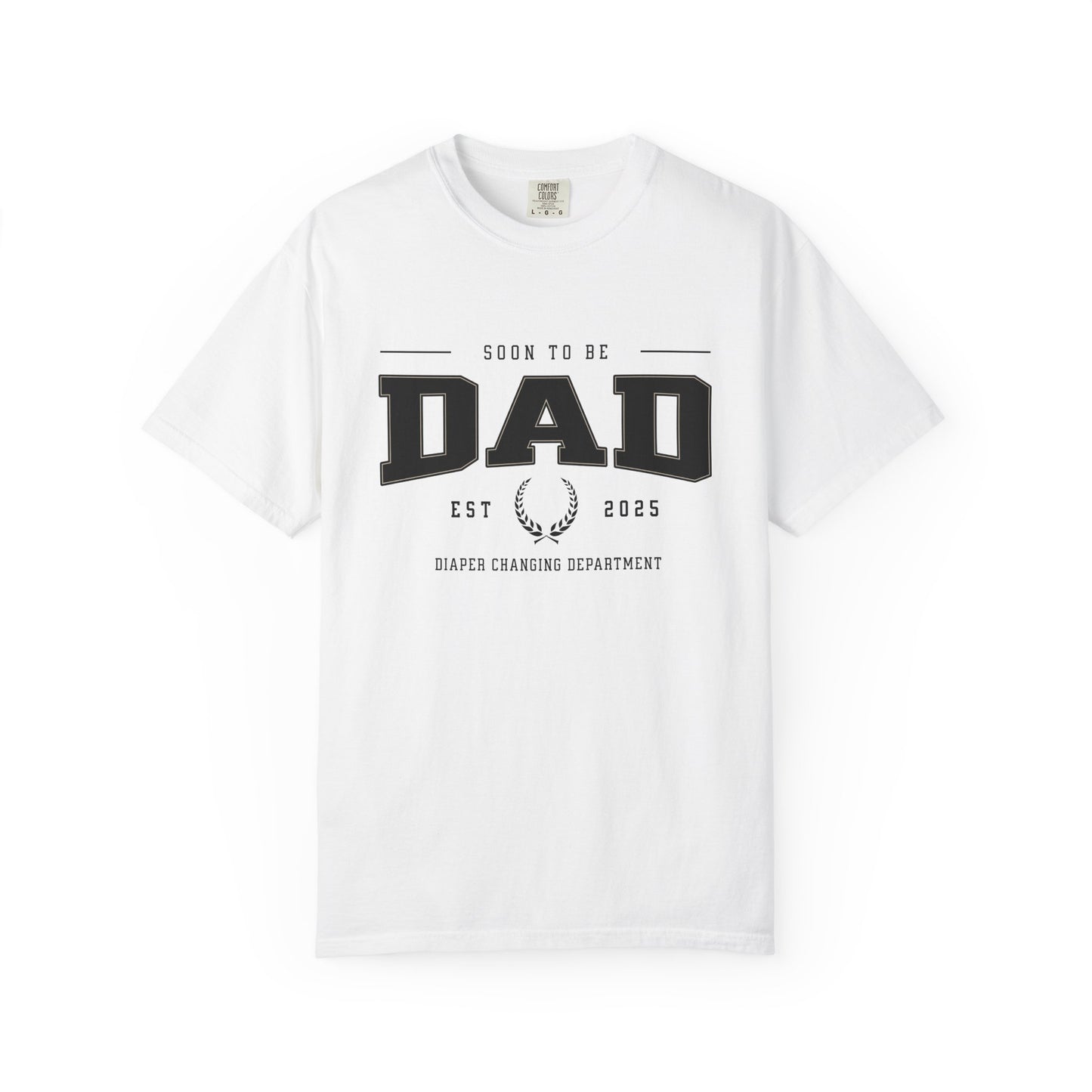 White t-shirt with 'Soon to be Dad' text on a white background