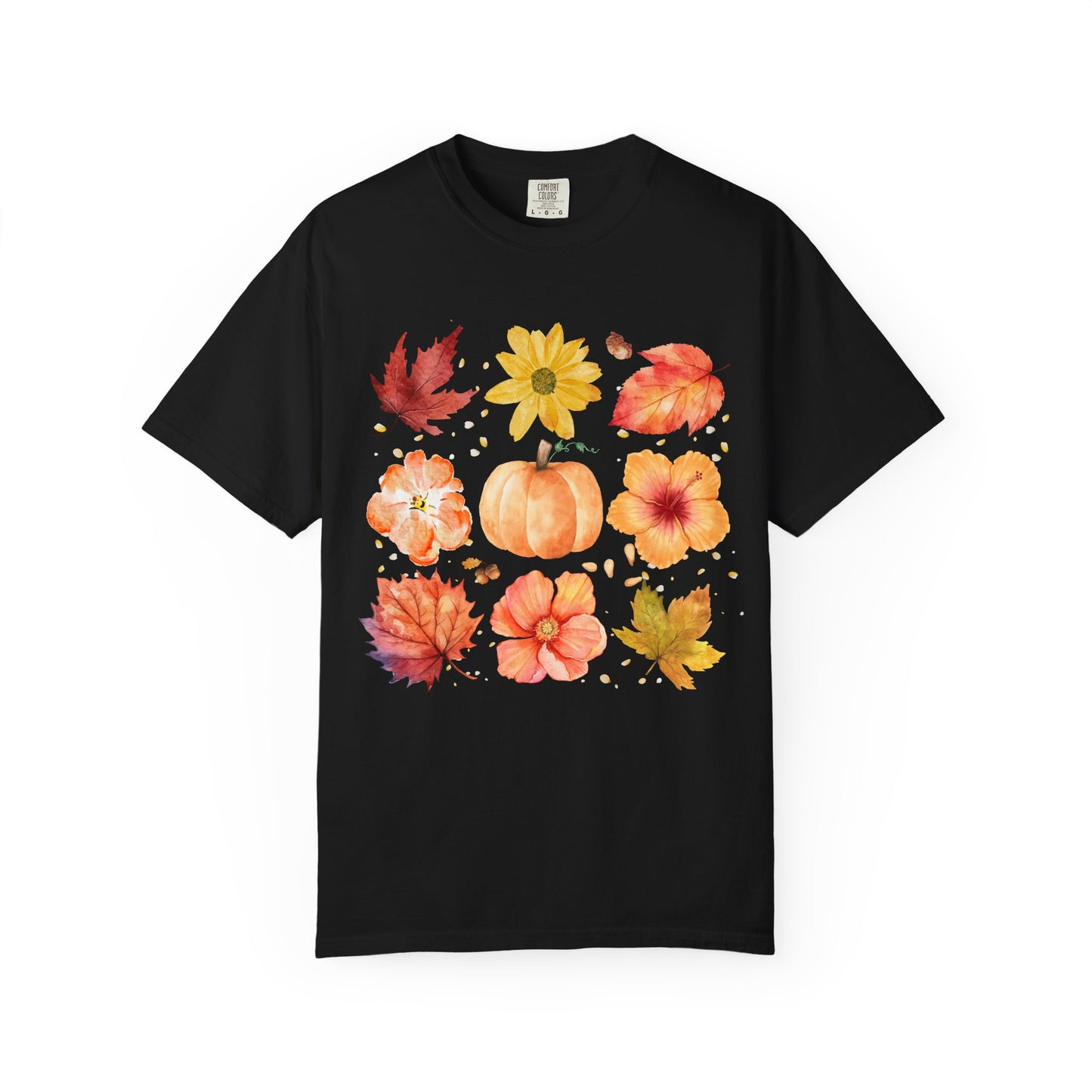 Black t-shirt with autumn-themed design featuring pumpkins, leaves, and flowers on a white background.