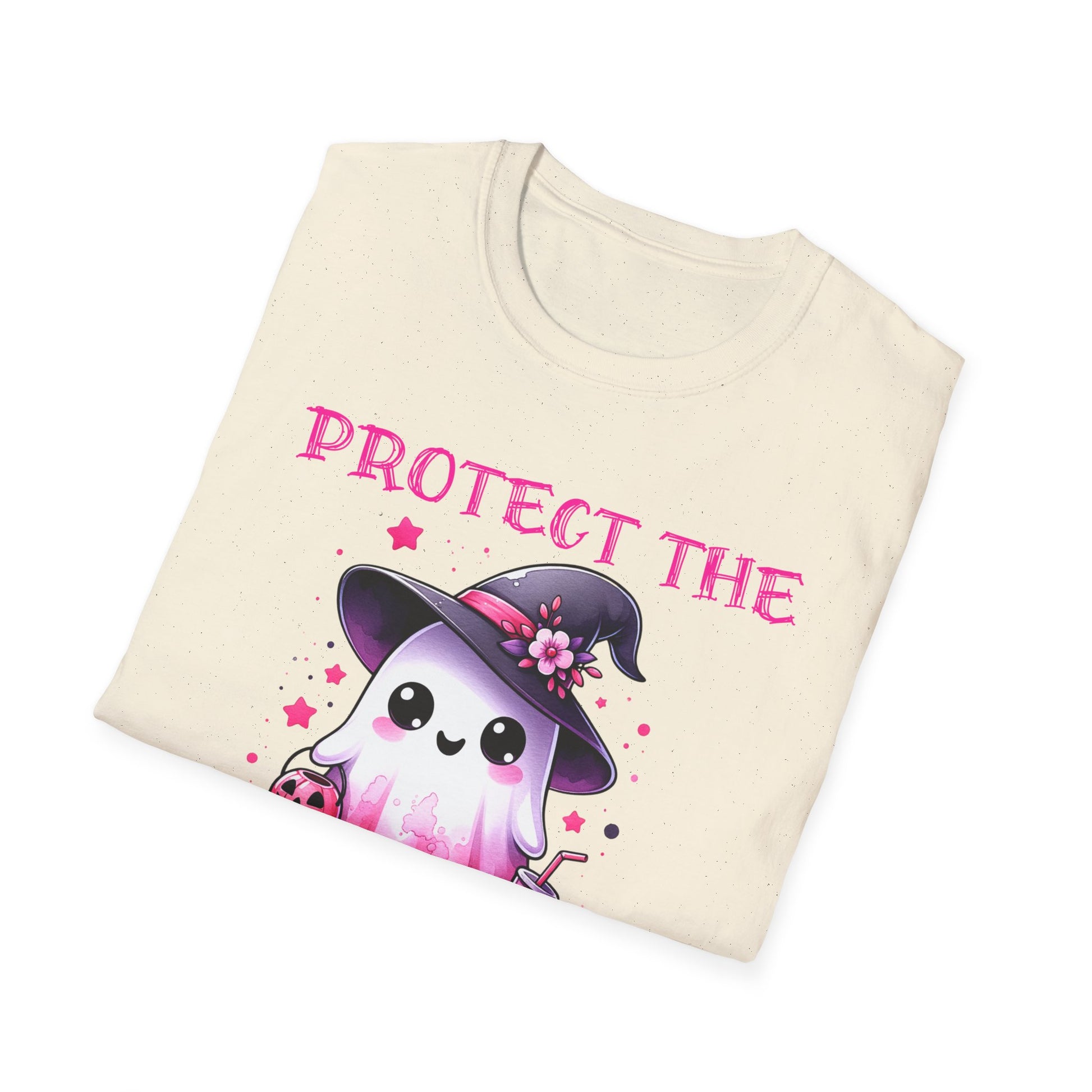 Folded t-shirt with a ghost in a witch hat and 'Protect The' text on a white background