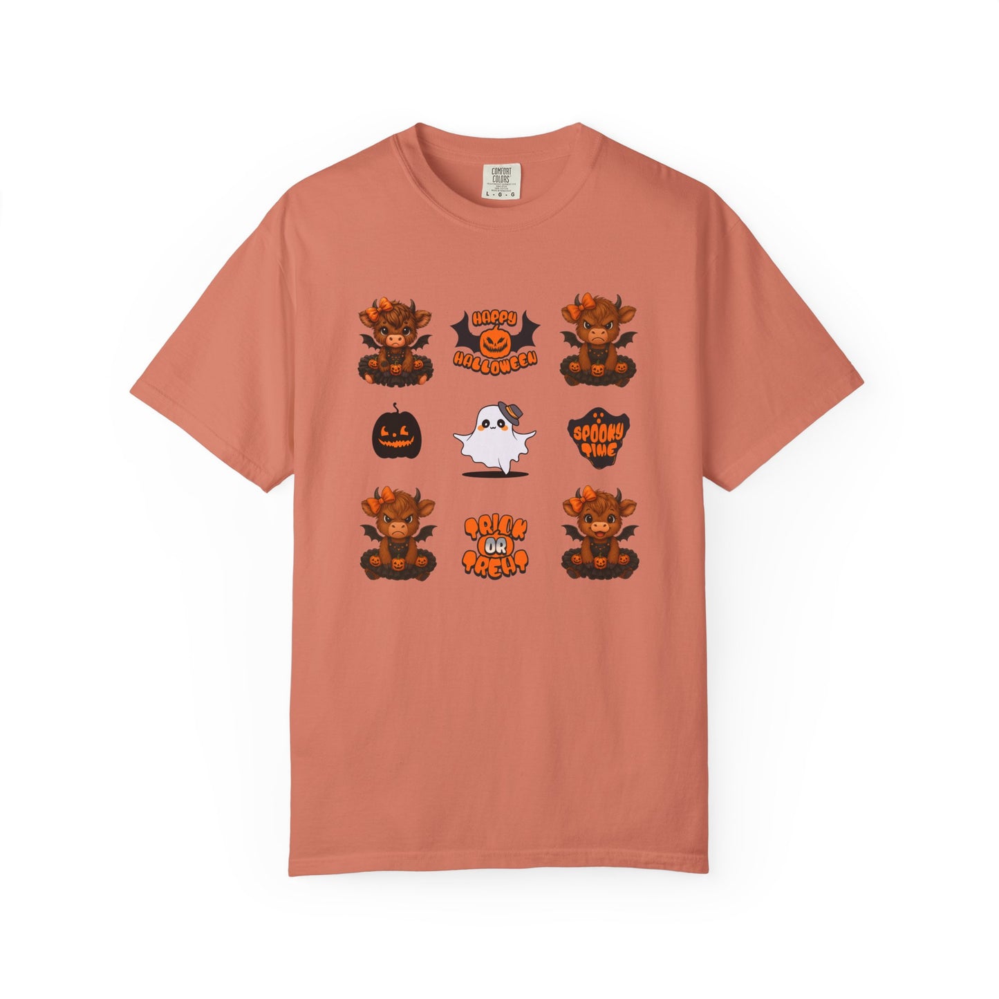 Coral t-shirt with Halloween-themed graphics on a white background