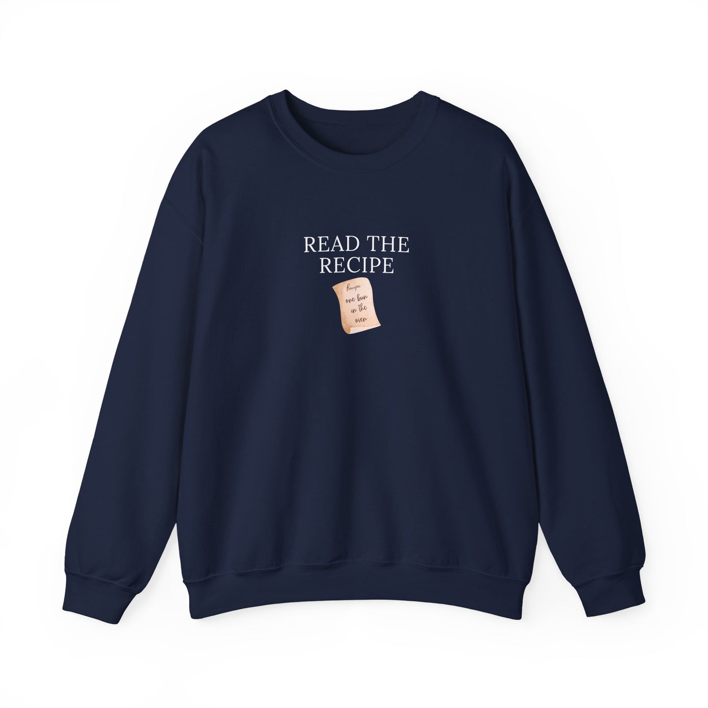 Navy blue sweatshirt with 'READ THE RECIPE' text and a small label on a white background