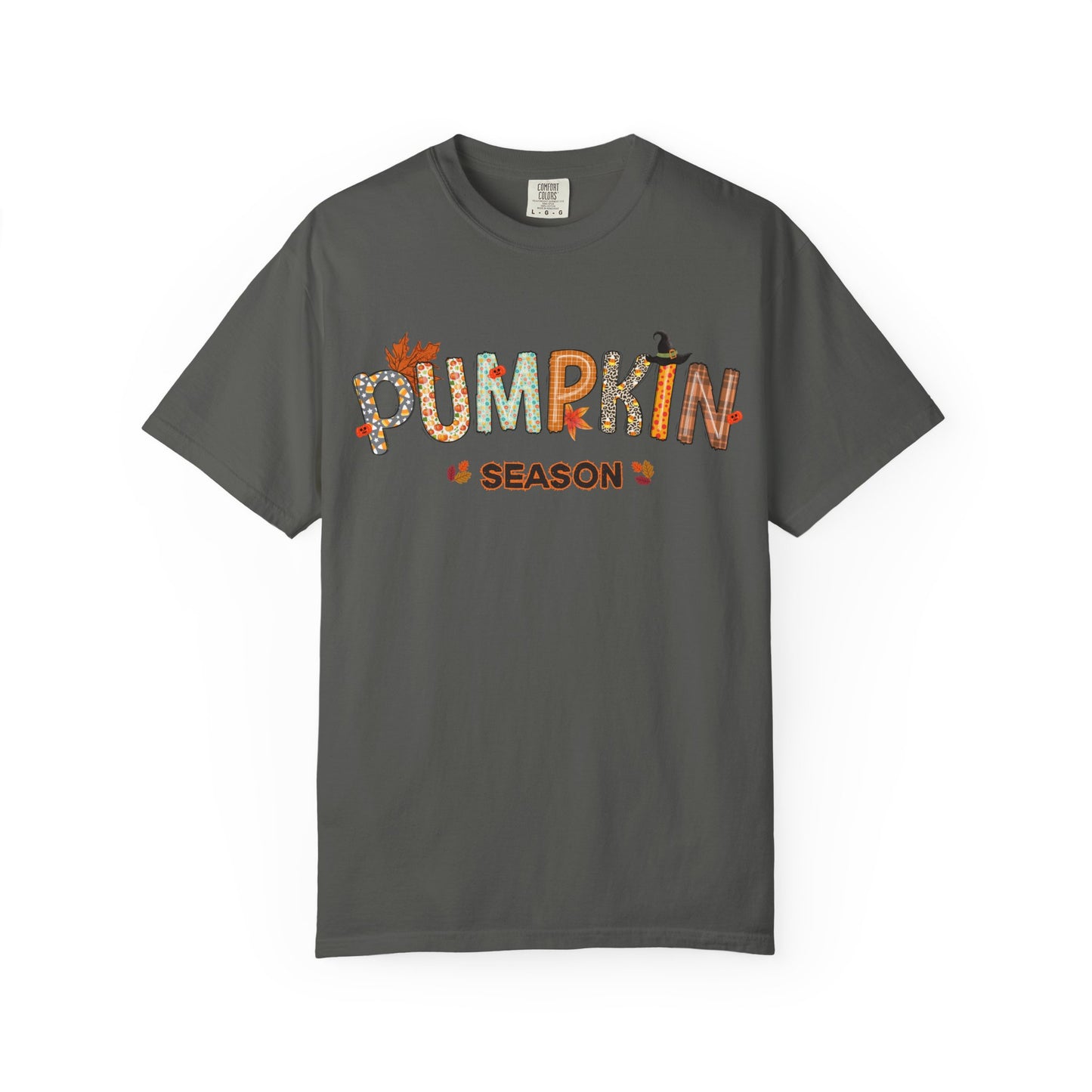 Gray t-shirt with 'PUMPKIN SEASON' text on a white background