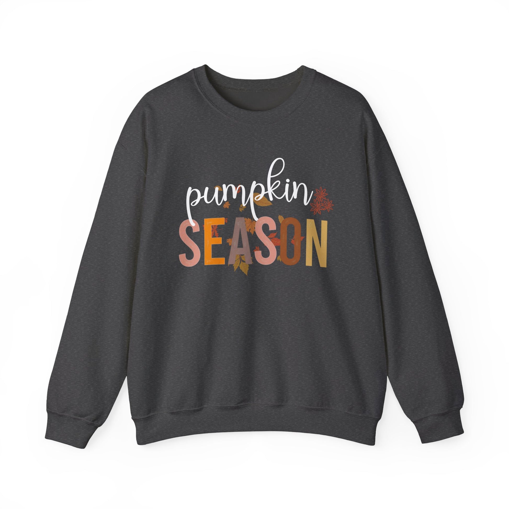 Dark gray sweatshirt with 'pumpkin season' text on a white background