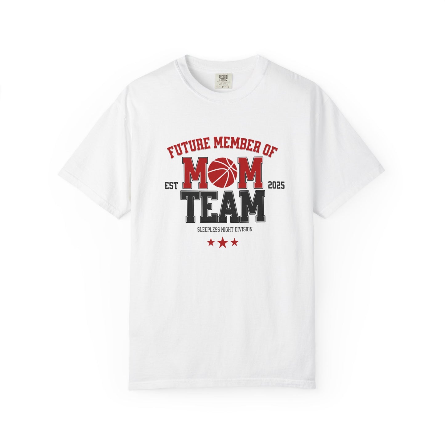 White t-shirt with 'Future Member of Mom Team' text and graphics on a white background