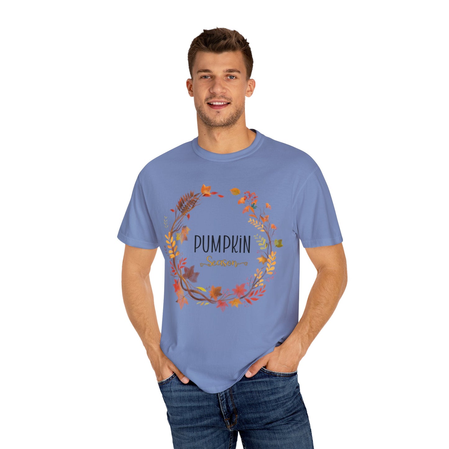 Man wearing a blue t-shirt with 'PUMPKIN' design on a white background