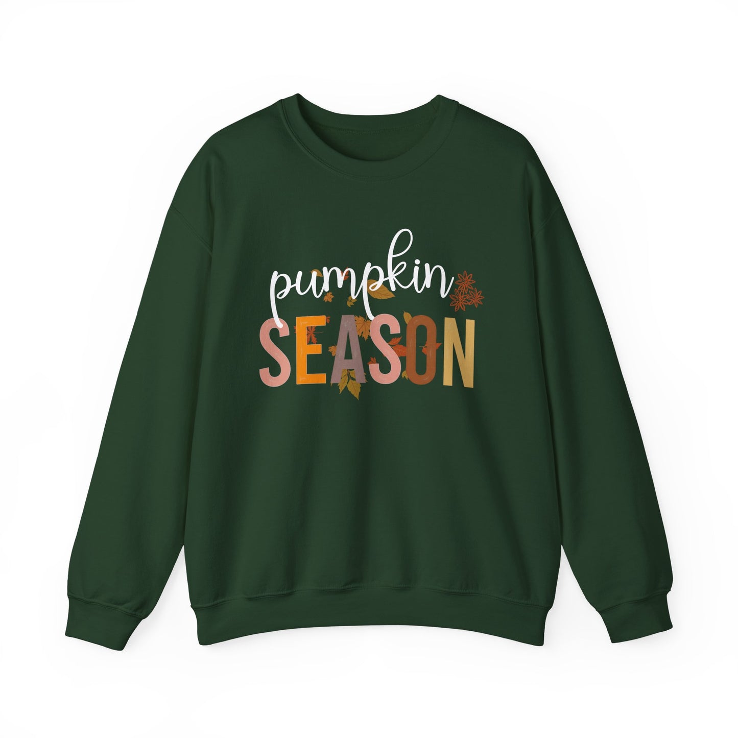 Green sweatshirt with 'pumpkin season' text on a white background