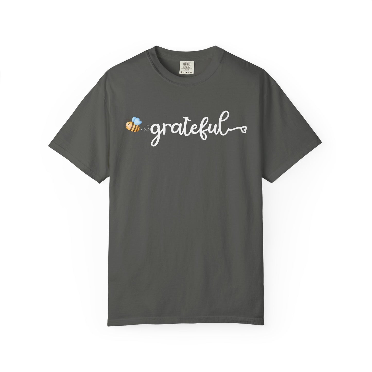 Gray t-shirt with 'grateful' text and bee graphic on a white background
