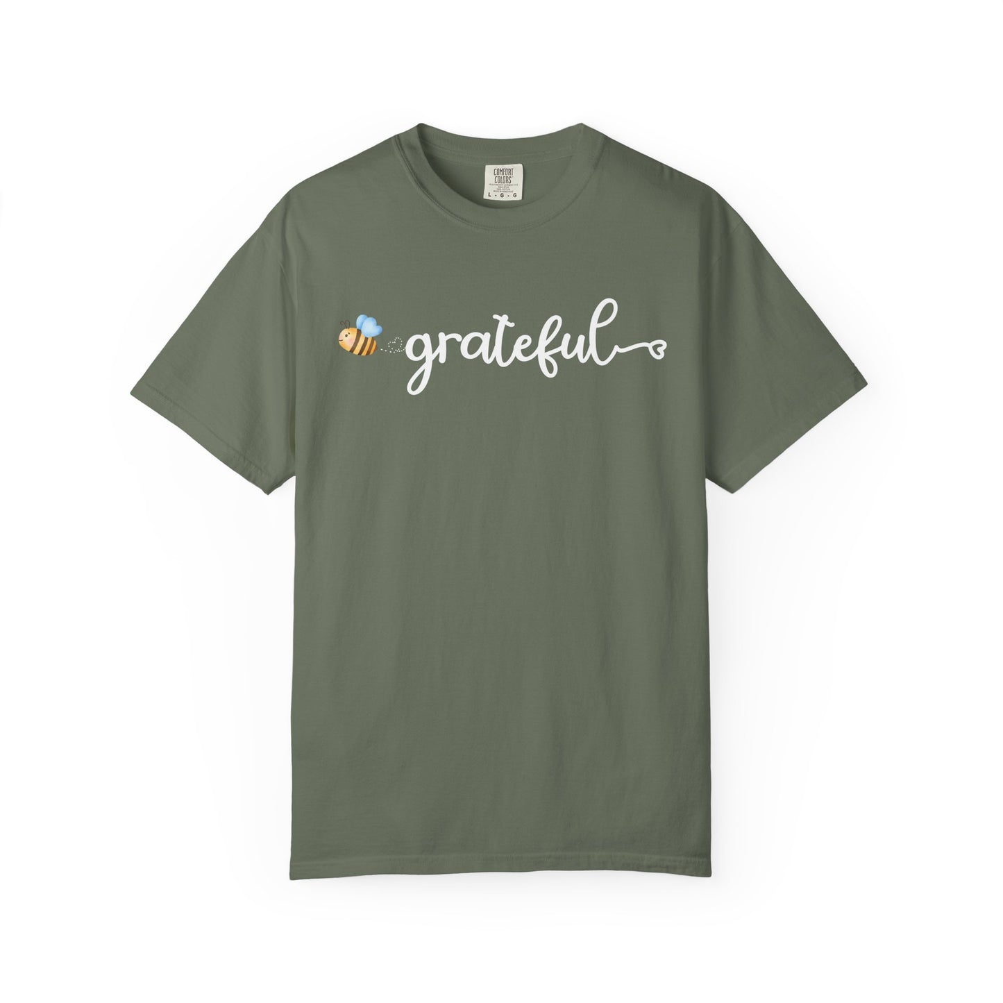 Green t-shirt with 'grateful' text and bee graphic on a white background