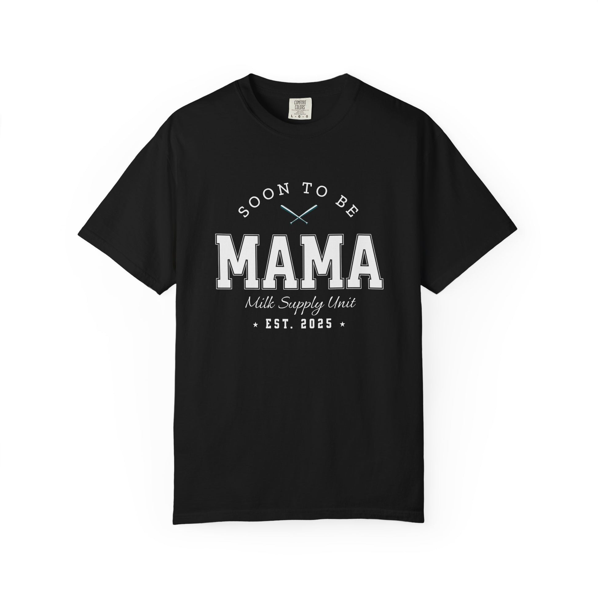 Black t-shirt with 'Soon to be Mama' text on a white background