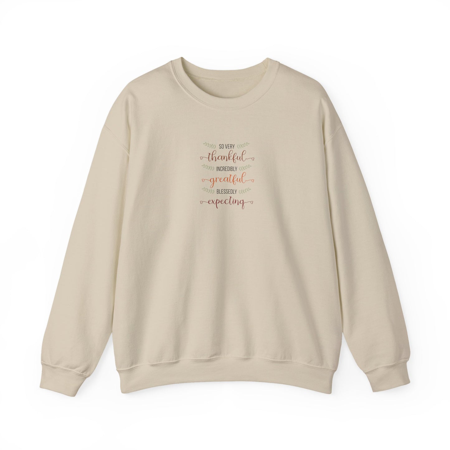 Beige sweatshirt with text on a white background