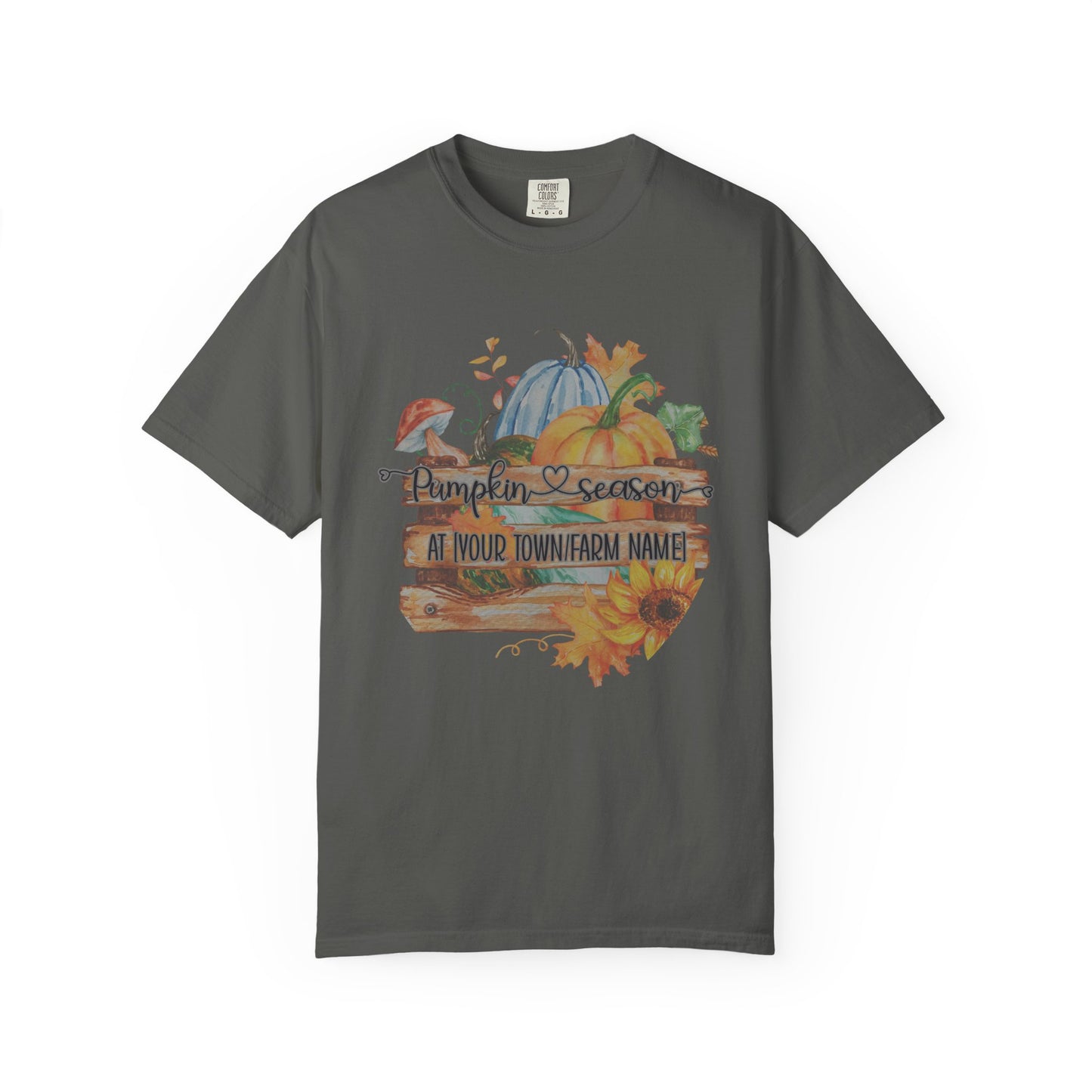 Gray t-shirt with autumn-themed design featuring pumpkins and sunflowers on a white background