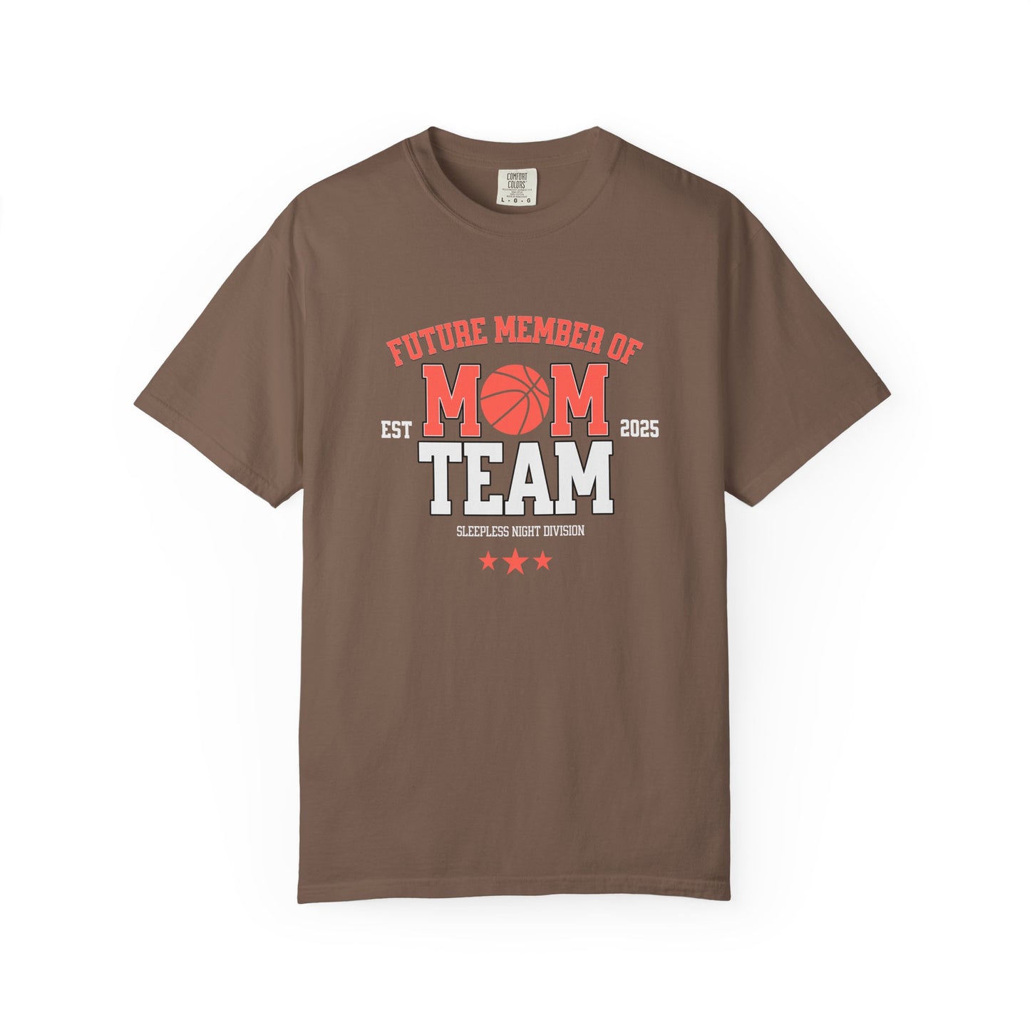 Brown t-shirt with red and white text and graphics on a white background