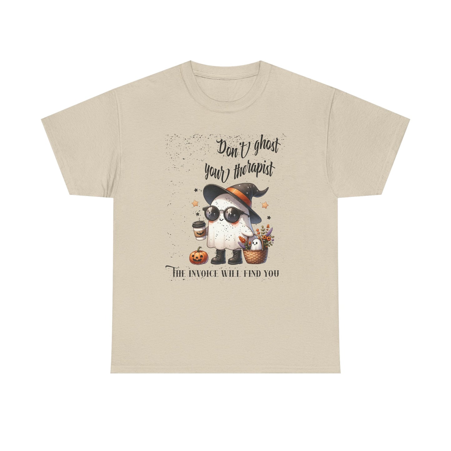 Beige t-shirt with Halloween-themed design featuring a ghost in a witch hat and text.