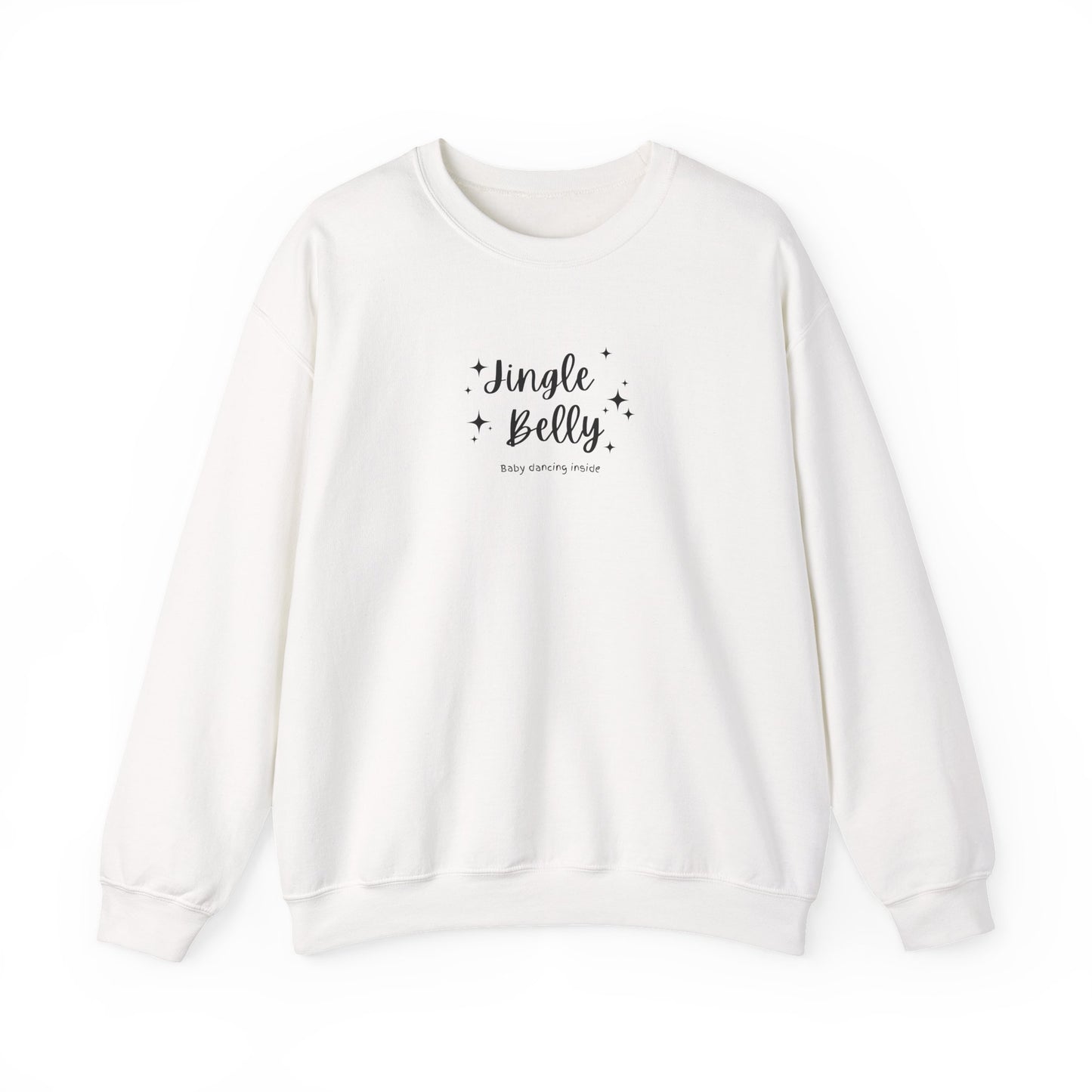 White sweatshirt with 'Jingle Belly' text on a white background