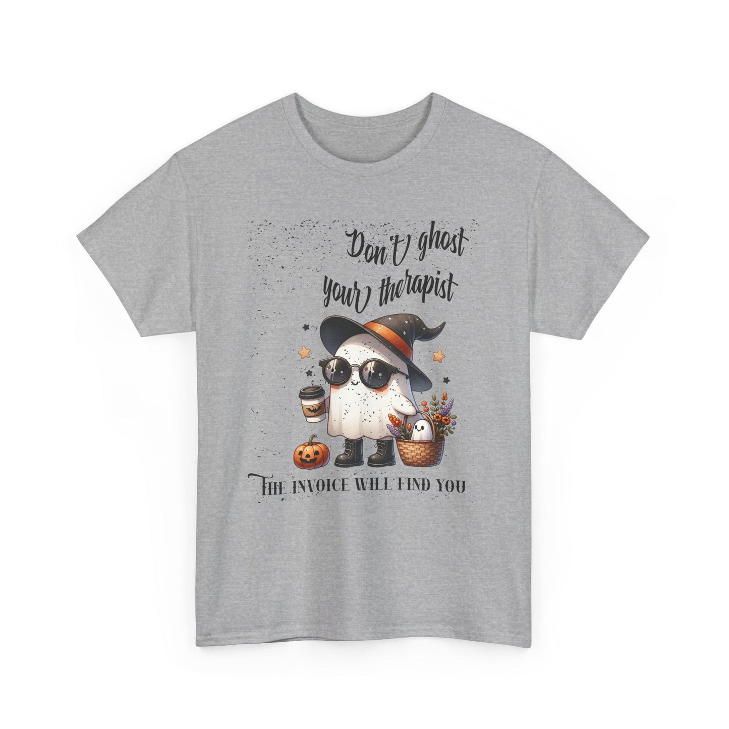 Gray t-shirt with Halloween-themed design featuring a ghost, pumpkin, and text on a white background.