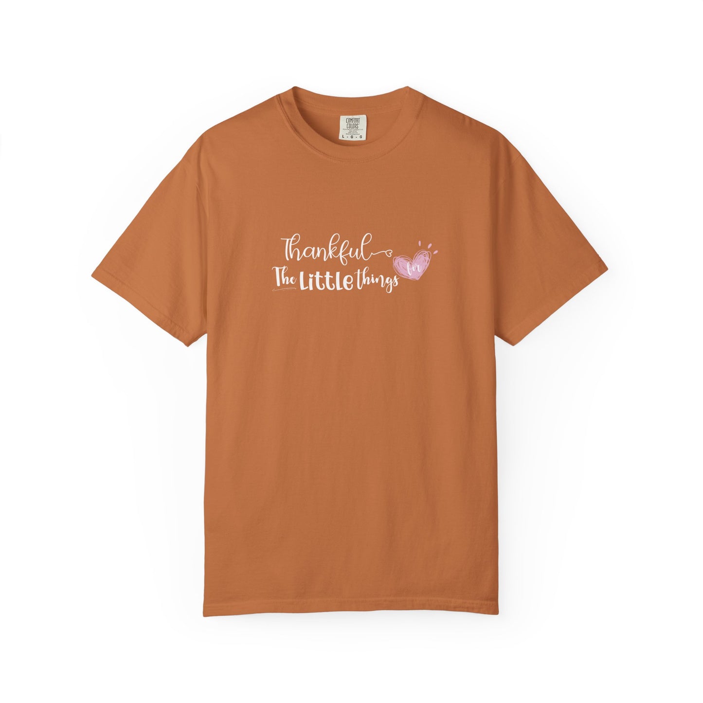 Brown t-shirt with 'thankful for the little things' text and butterfly graphic on a white background