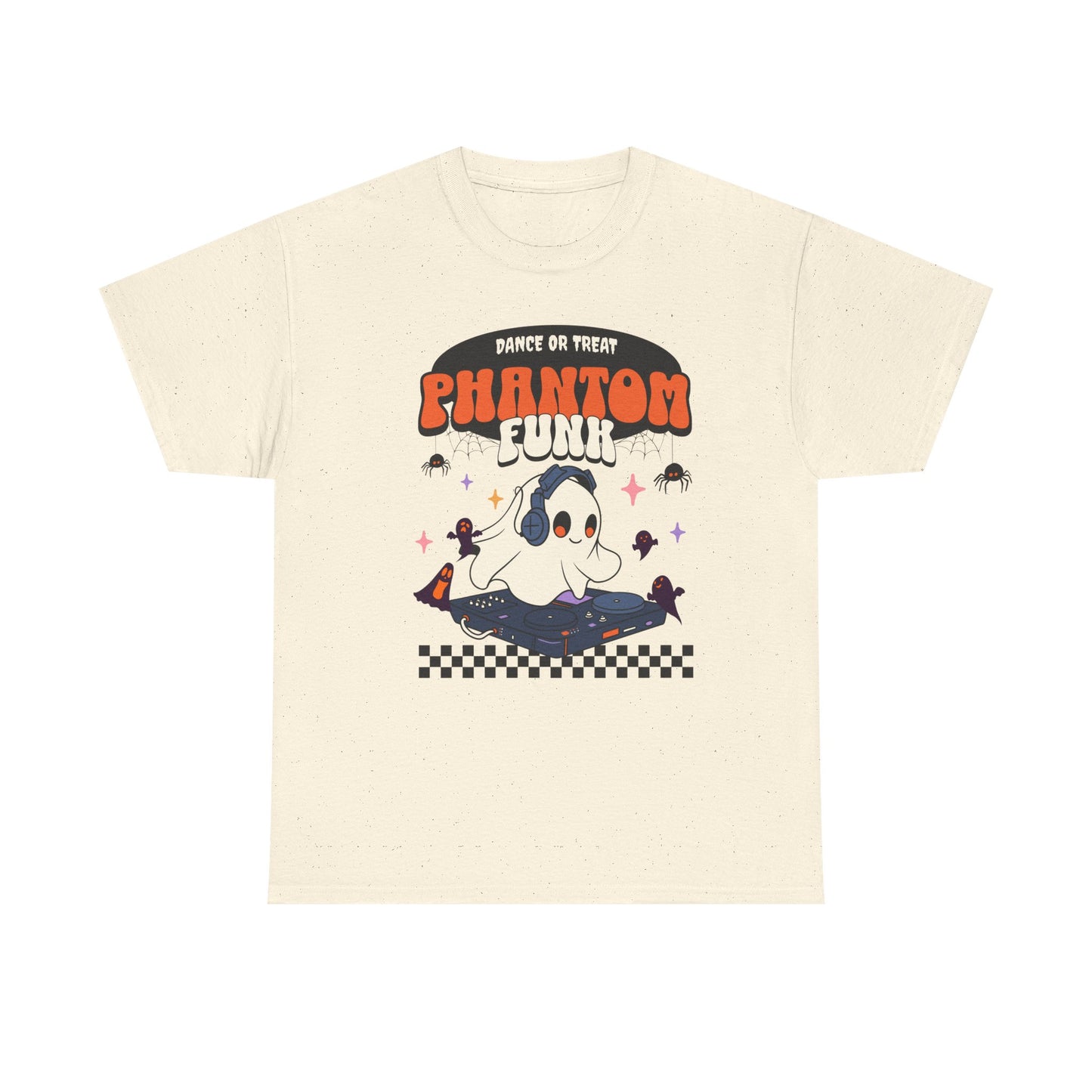 Beige t-shirt with a ghost and 'Phantom Funk' graphic on a white background