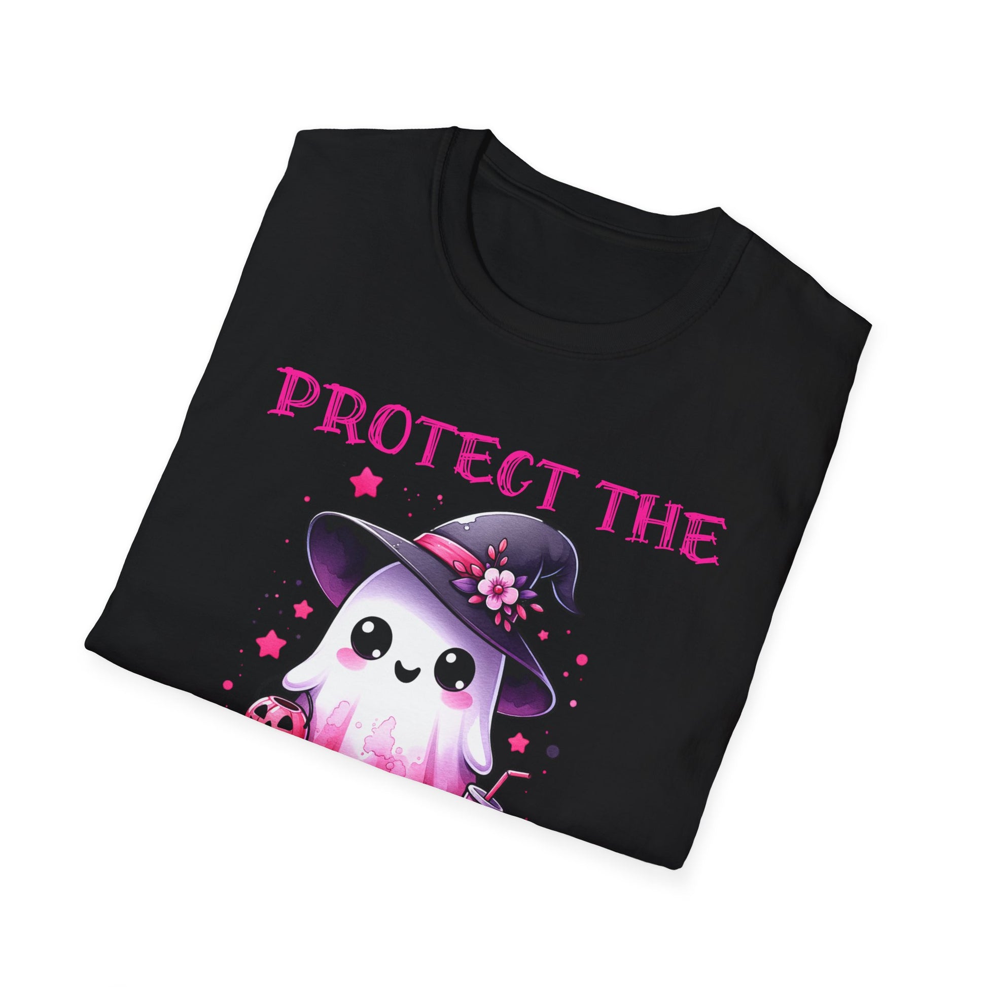 Black t-shirt with a ghost wearing a witch hat and pink text 'PROTECT THE' on a white background