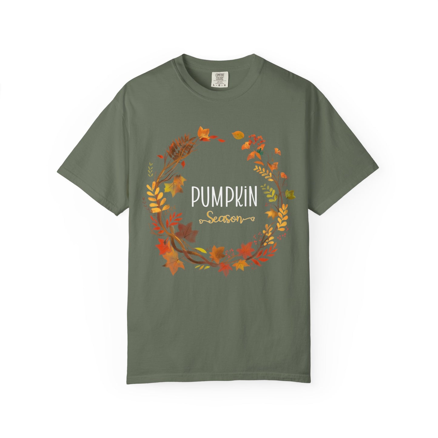 Green t-shirt with 'Pumpkin Season' design on a white background