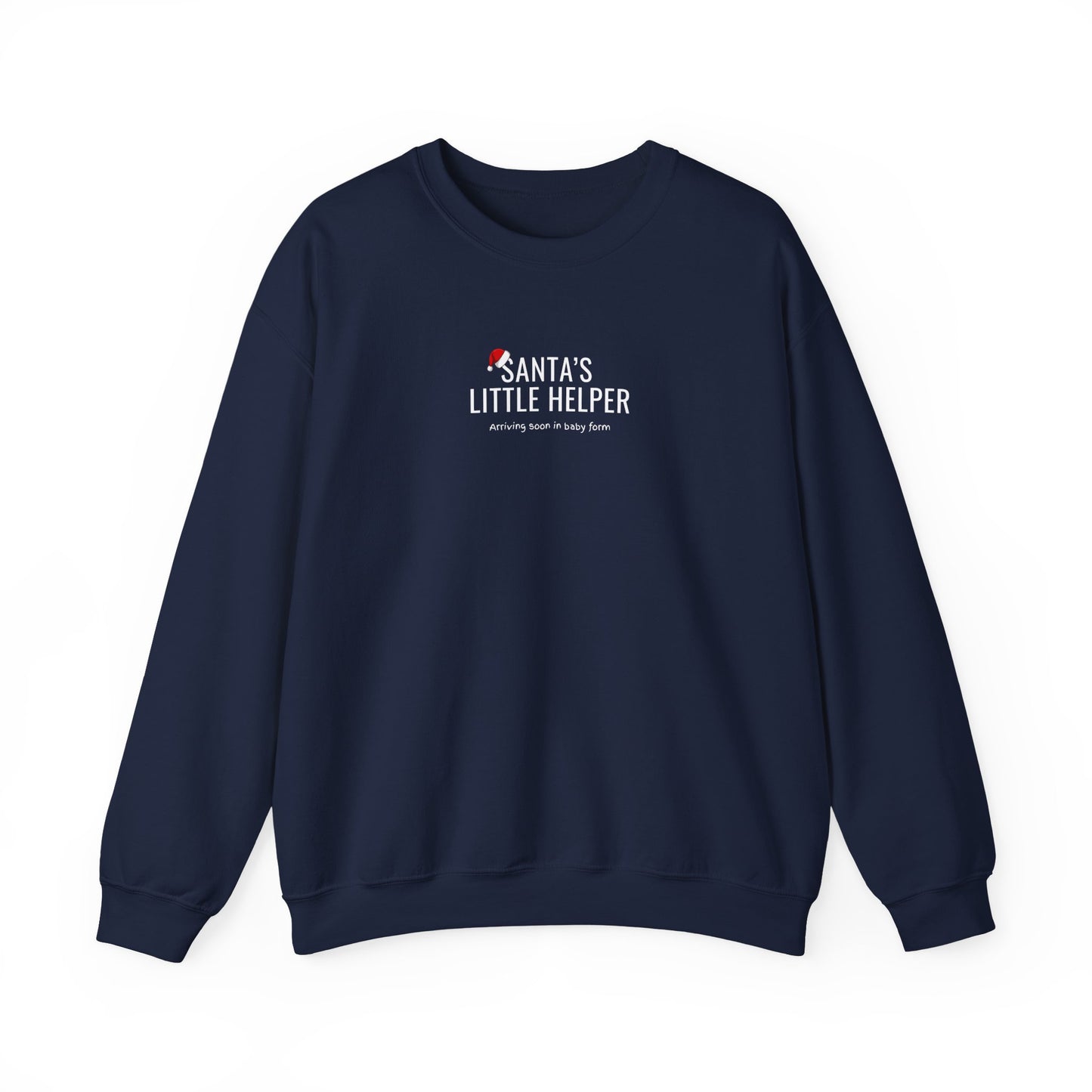 Navy blue sweatshirt with 'Santa's Little Helper' text on a white background