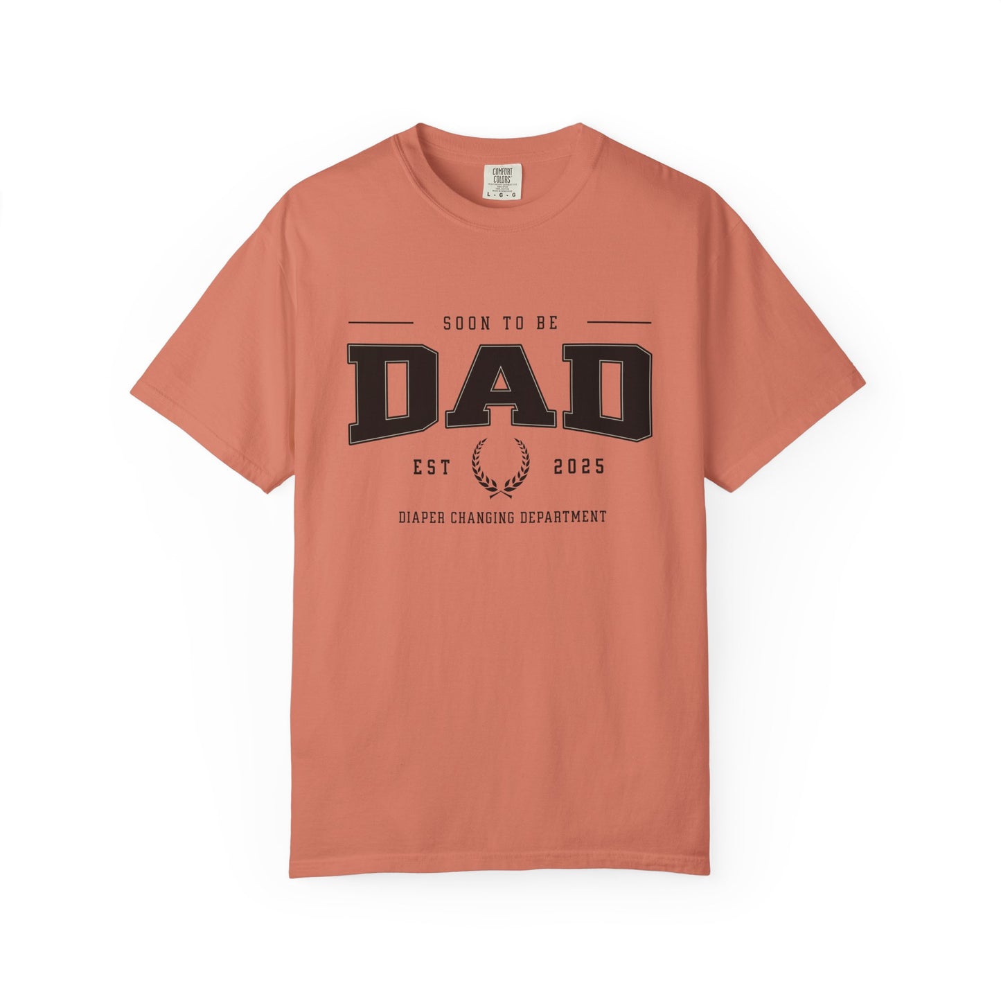 Coral t-shirt with 'Soon to be Dad' text on a white background
