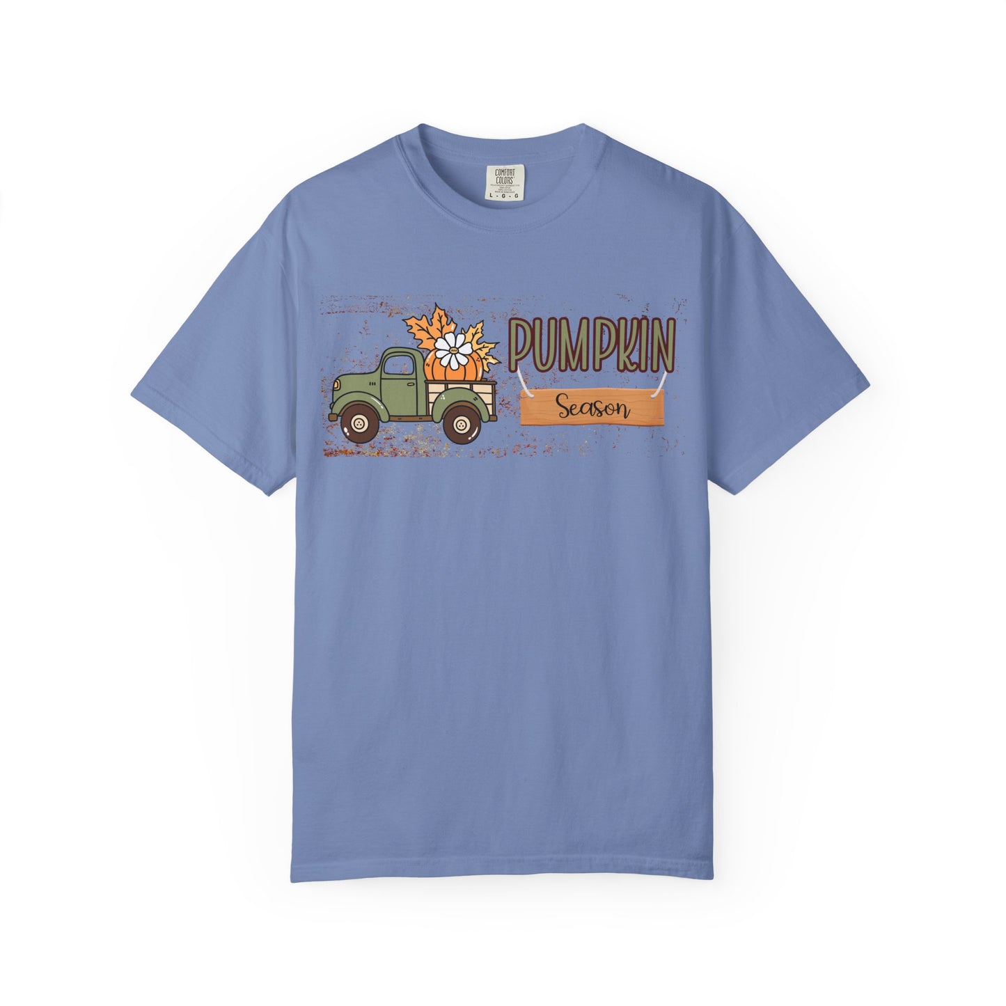 Blue t-shirt with a graphic of a truck and 'Pumpkin Season' text on a white background