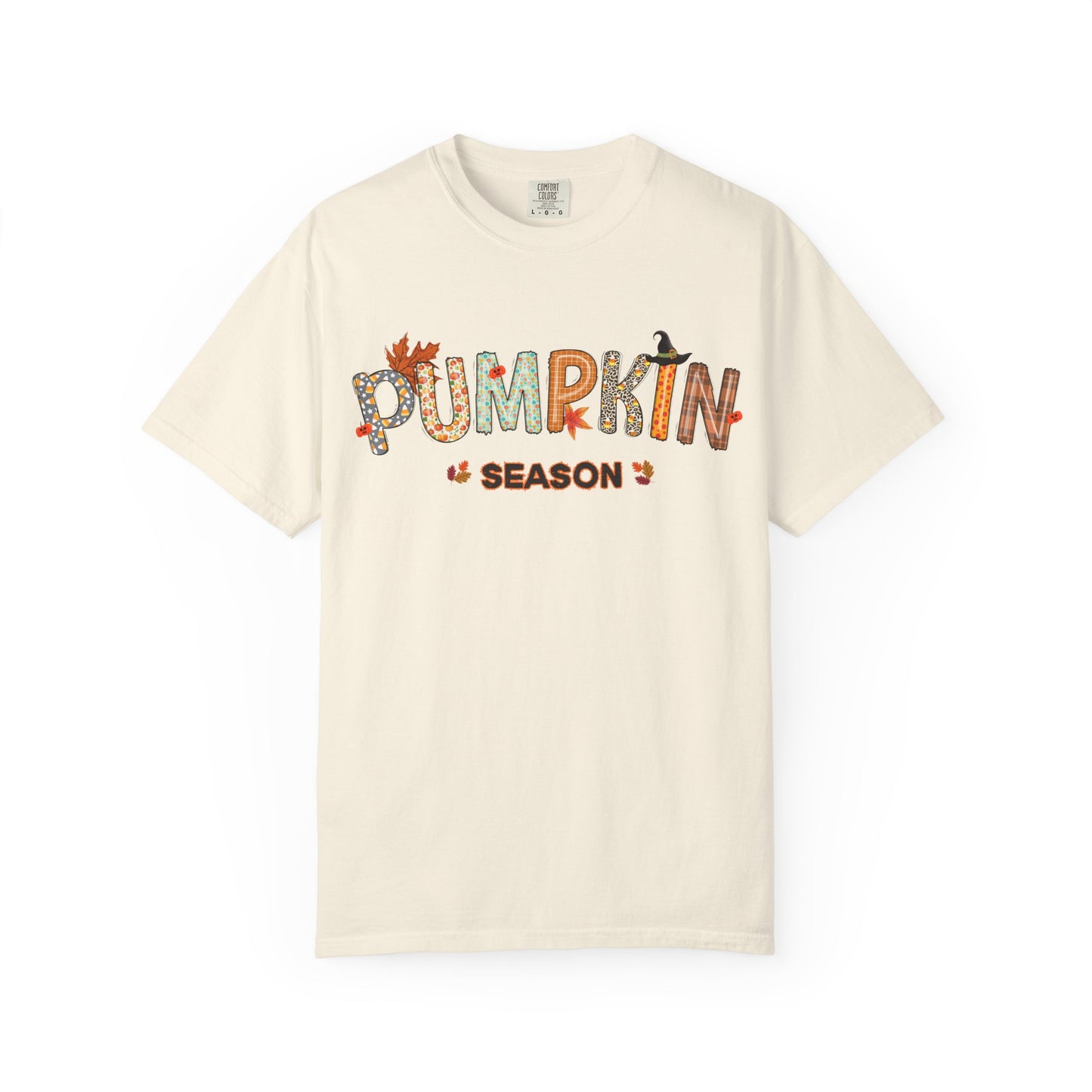 Beige t-shirt with 'Pumpkin Season' text on a white background