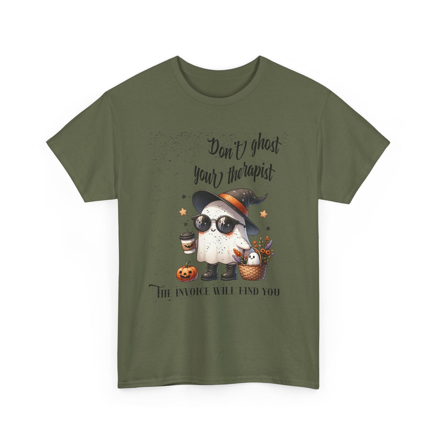 Green t-shirt with Halloween-themed design featuring a ghost, pumpkins, and text on a white background.