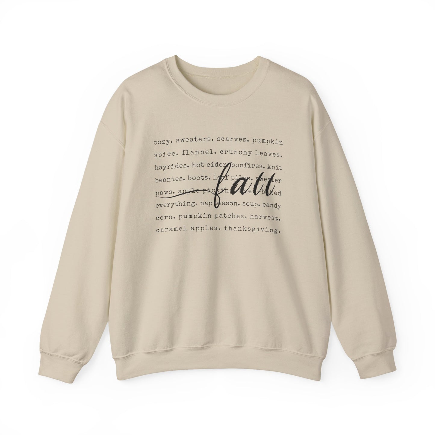 Beige sweatshirt with text on a white background