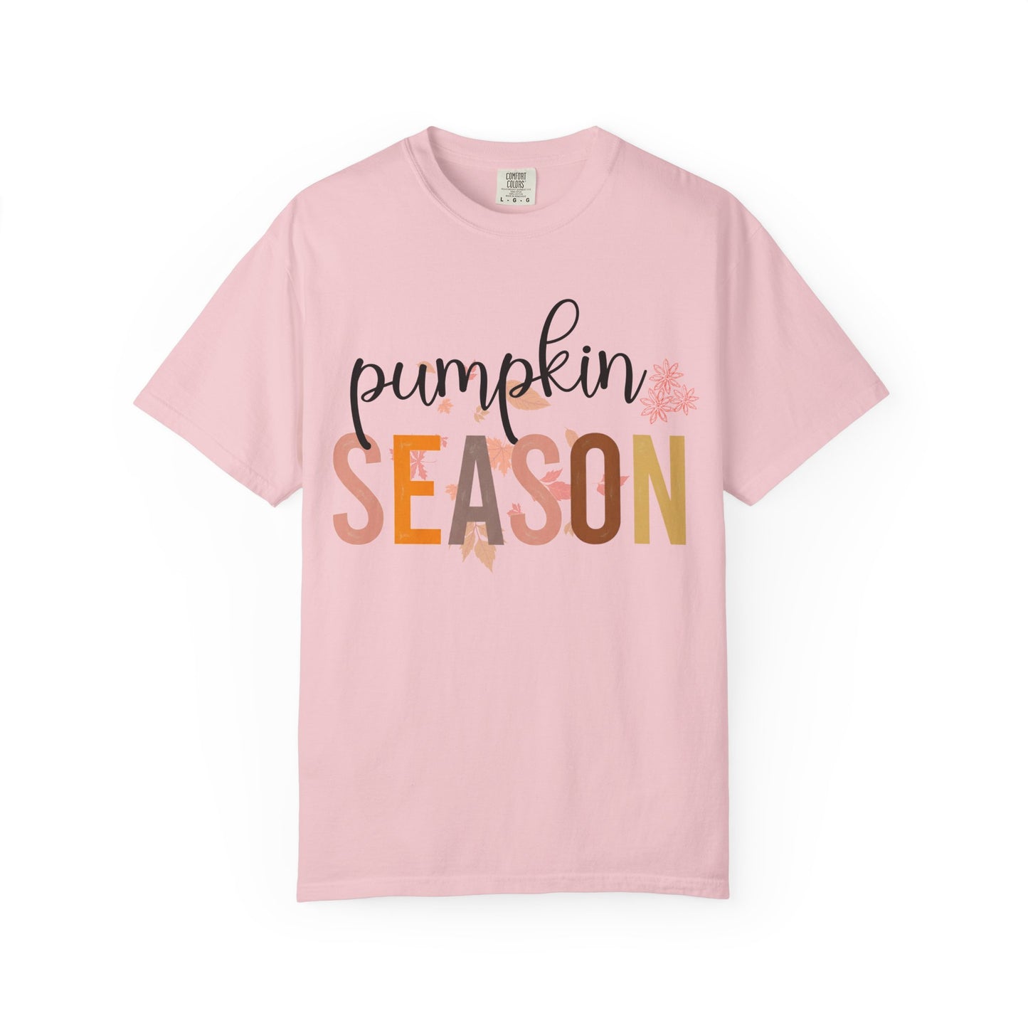 Pink t-shirt with 'pumpkin season' text on a white background
