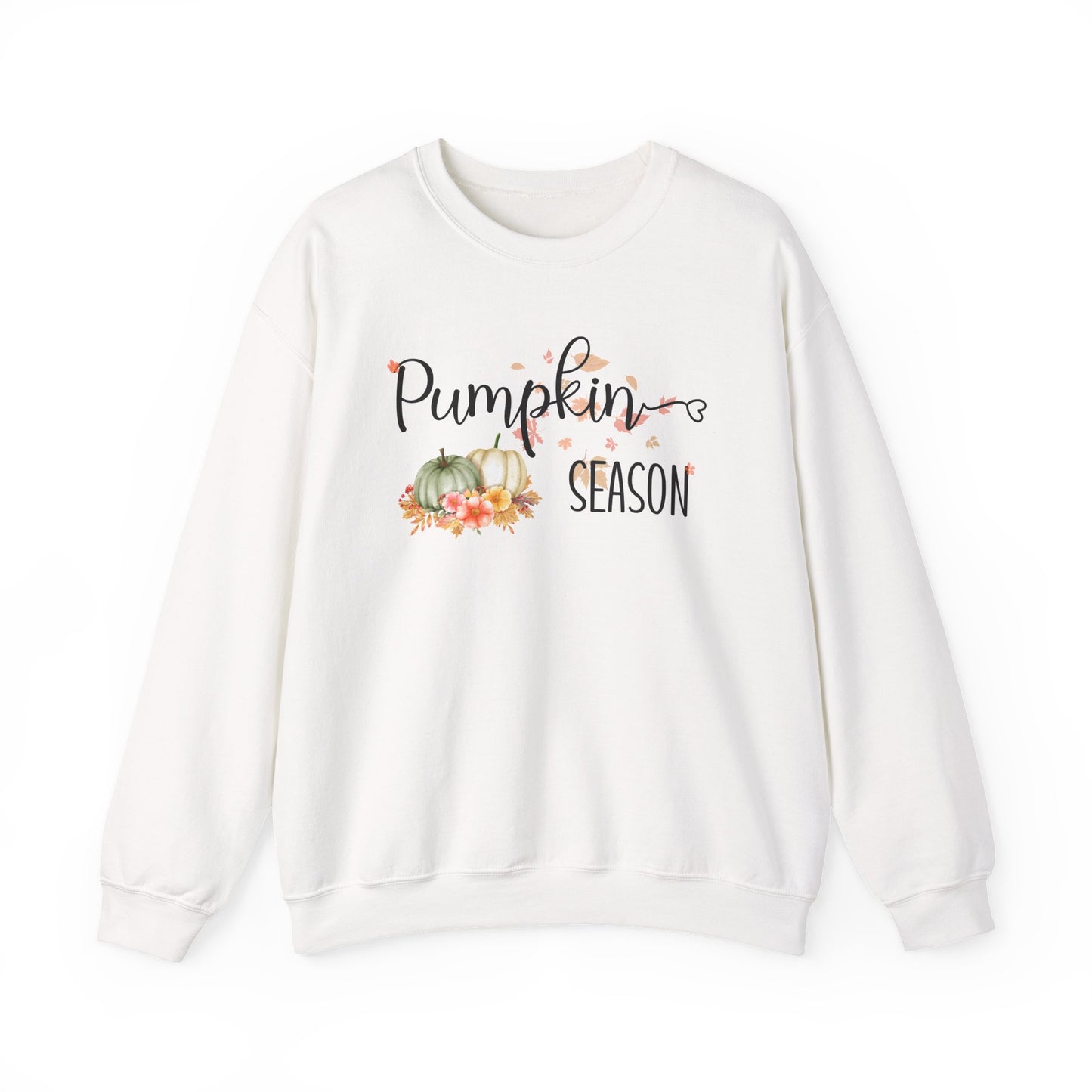 White sweatshirt with 'Pumpkin Season' text and pumpkin graphic on a white background