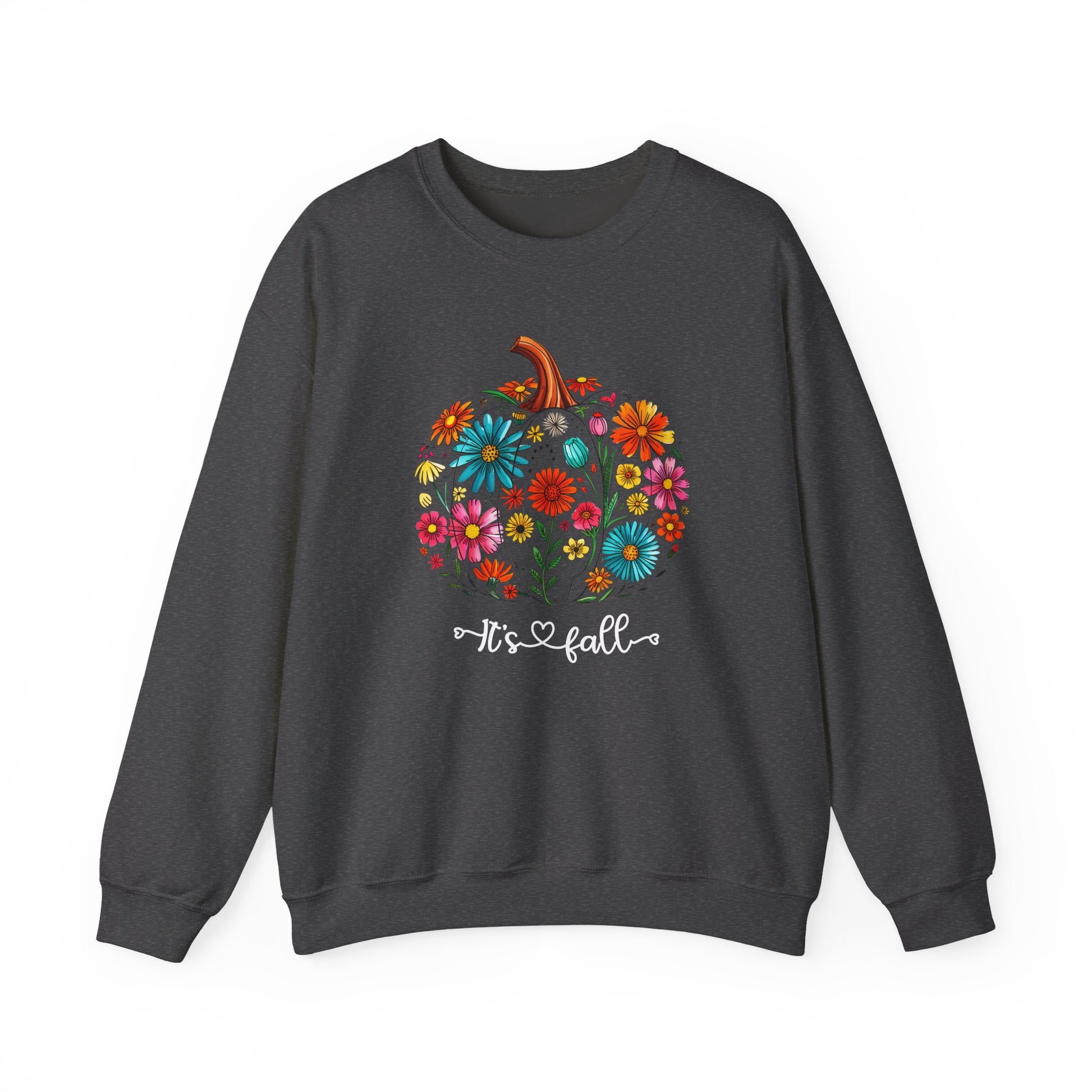 Dark gray sweatshirt with a colorful pumpkin and floral design on a white background
