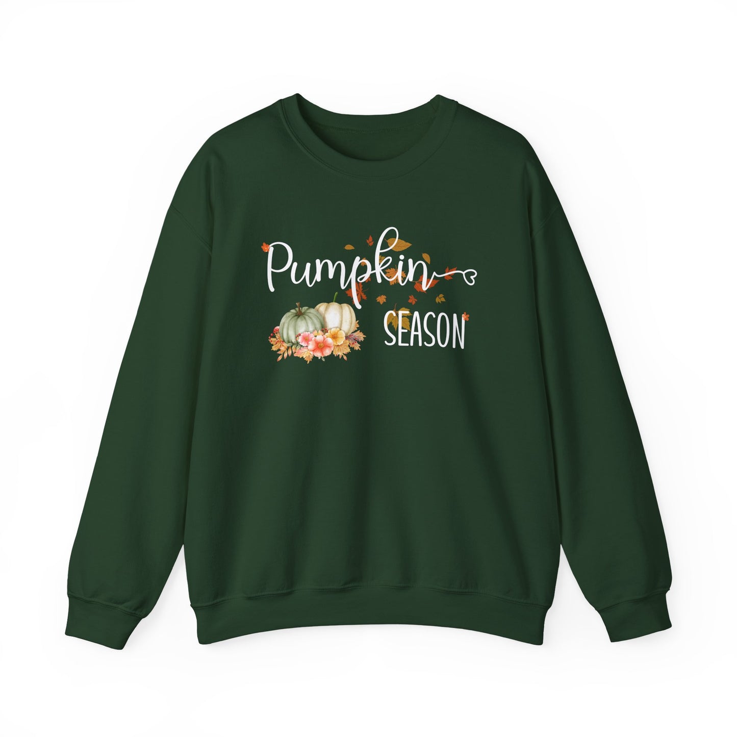 Green sweatshirt with 'Pumpkin Season' text and pumpkin graphics on a white background