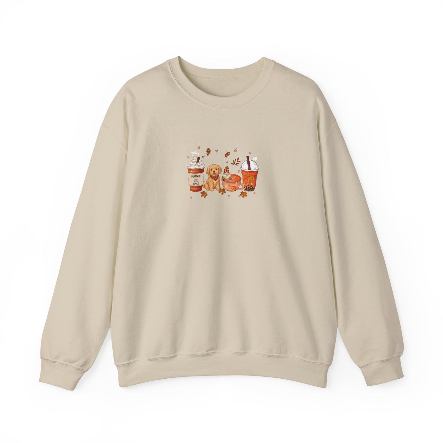 Beige sweatshirt with a small graphic on a white background